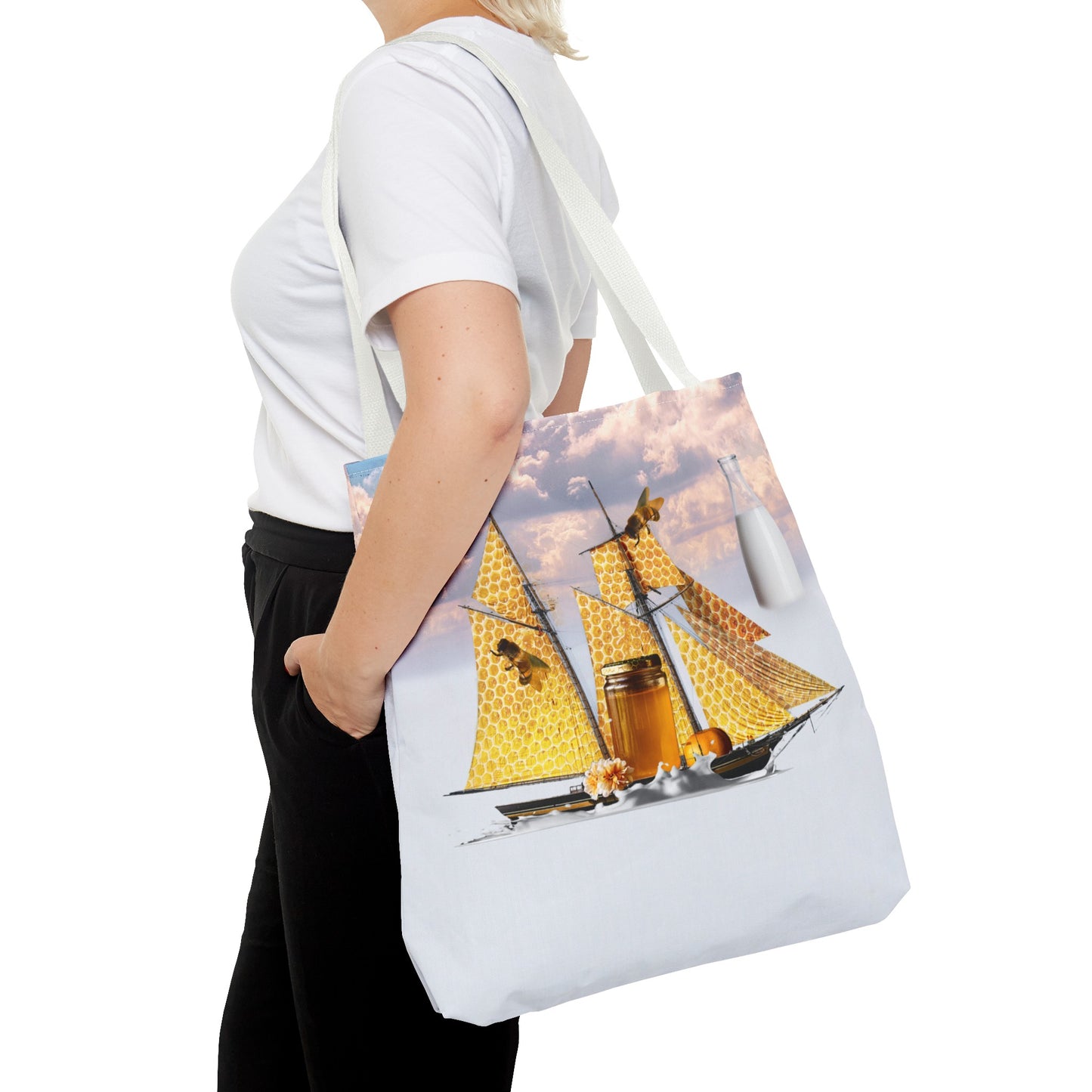 Tote Bag, Bees at Sea on Honeycomb Ship 'Milk & Honey' Surreal Whimsical Collage Art