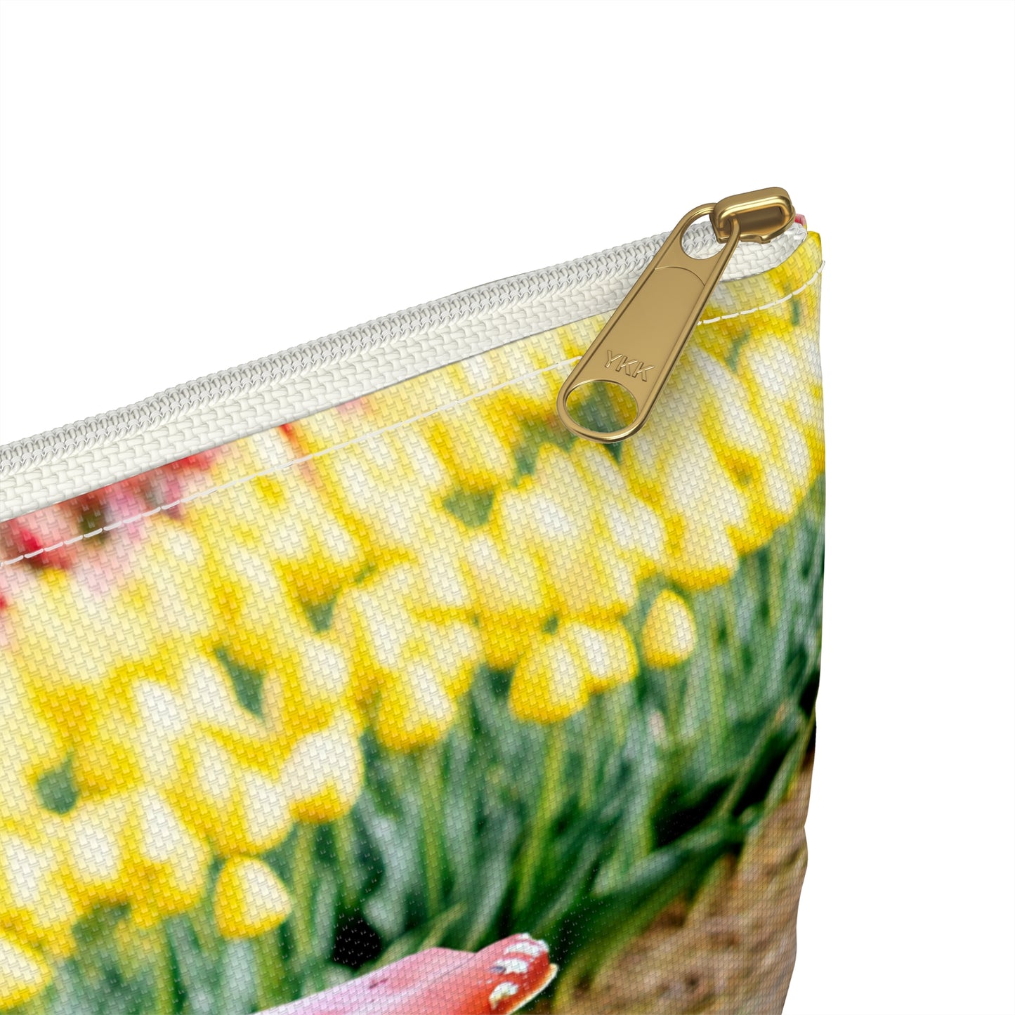 Happy Mushroom Family Accessory Pouch - Surreal Collage Art "Nana's Little Mushroom" in a Field of Tulips