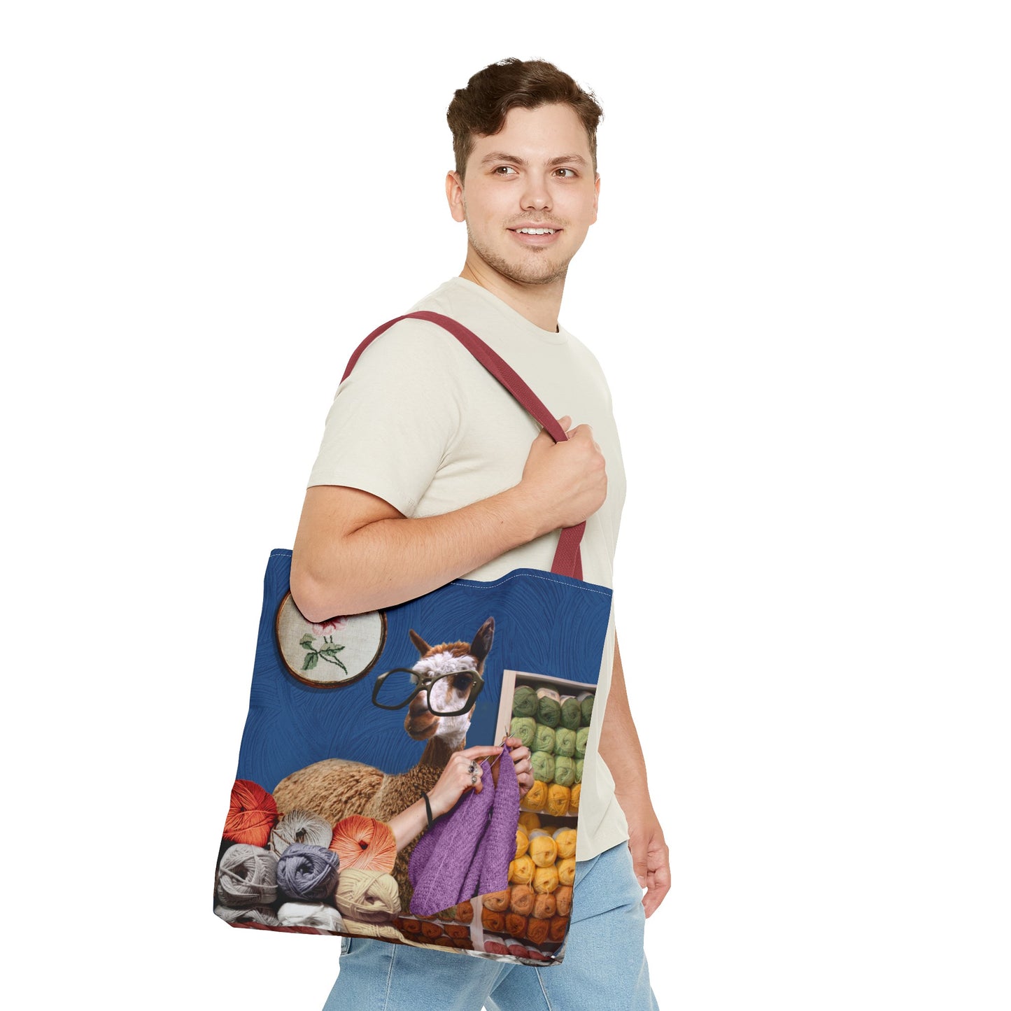 Whimsical Funky Llama Tote Bag: "Llama Tried" - Wearing Glasses and Knitting in Yarn Shop