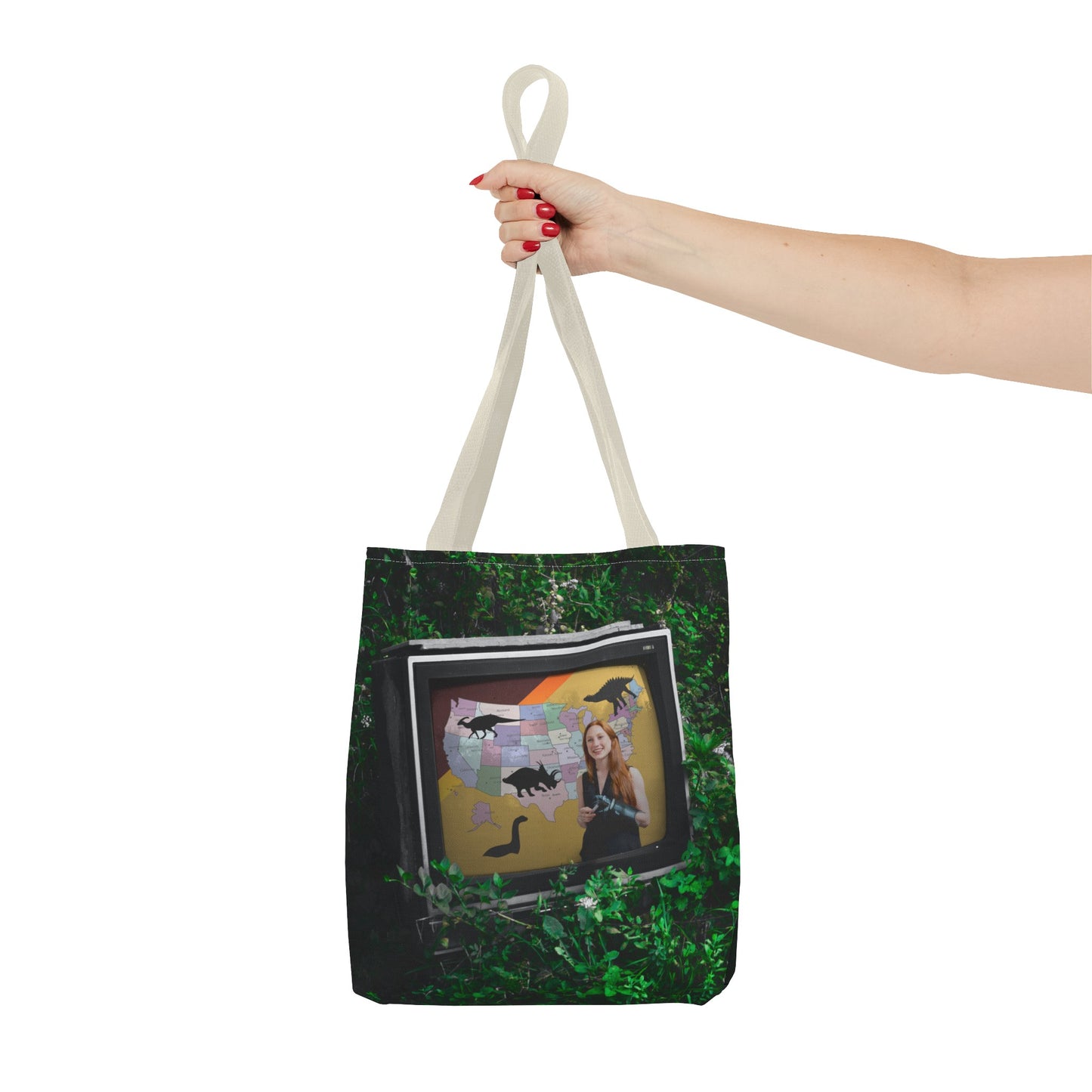 Unique Dystopian TV Scene Tote Bag with Weather Girl & Dinosaurs Map