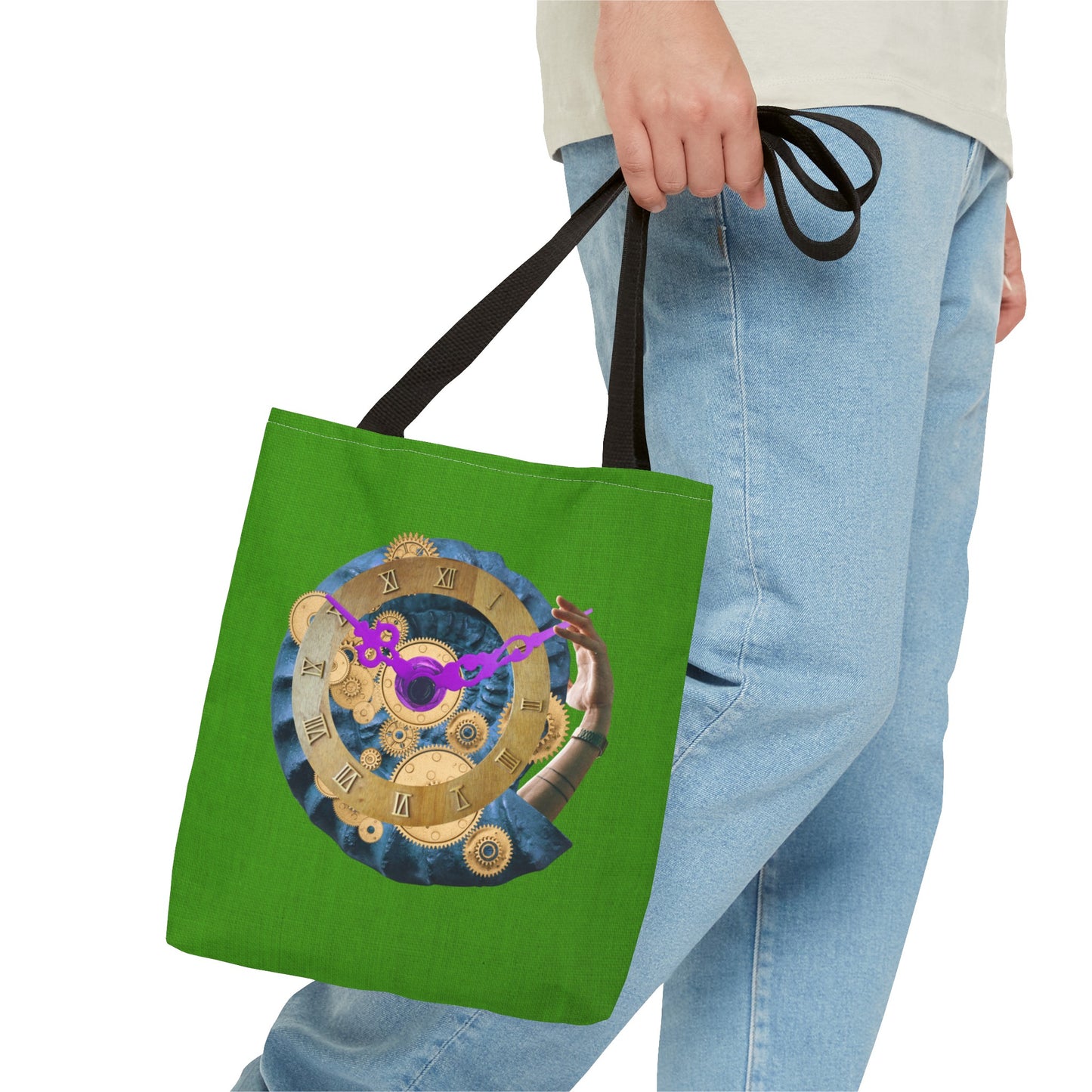 Steampunk Clock Tote Bag with Surreal Ammonite Art Print - Departure Time