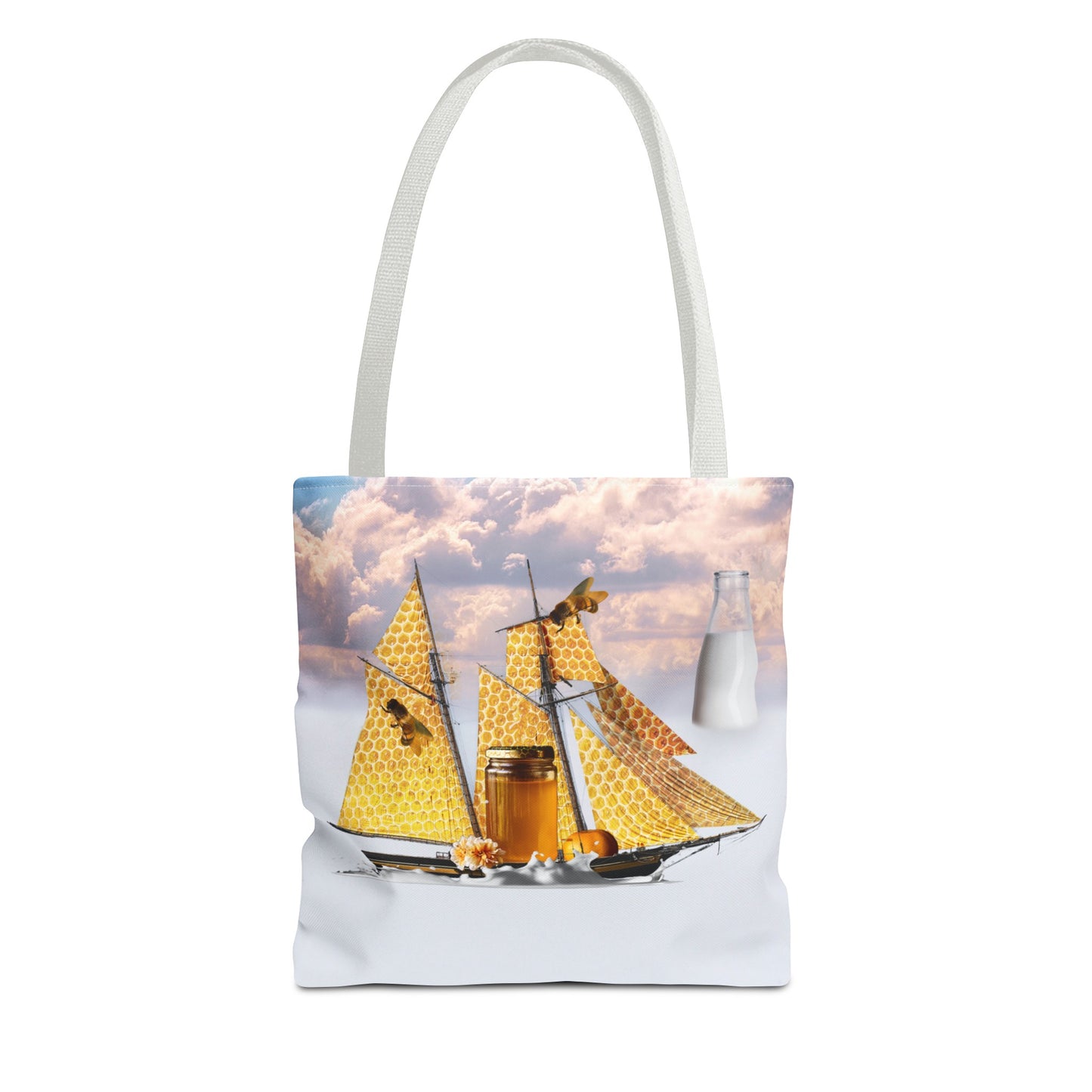 Tote Bag, Bees at Sea on Honeycomb Ship 'Milk & Honey' Surreal Whimsical Collage Art