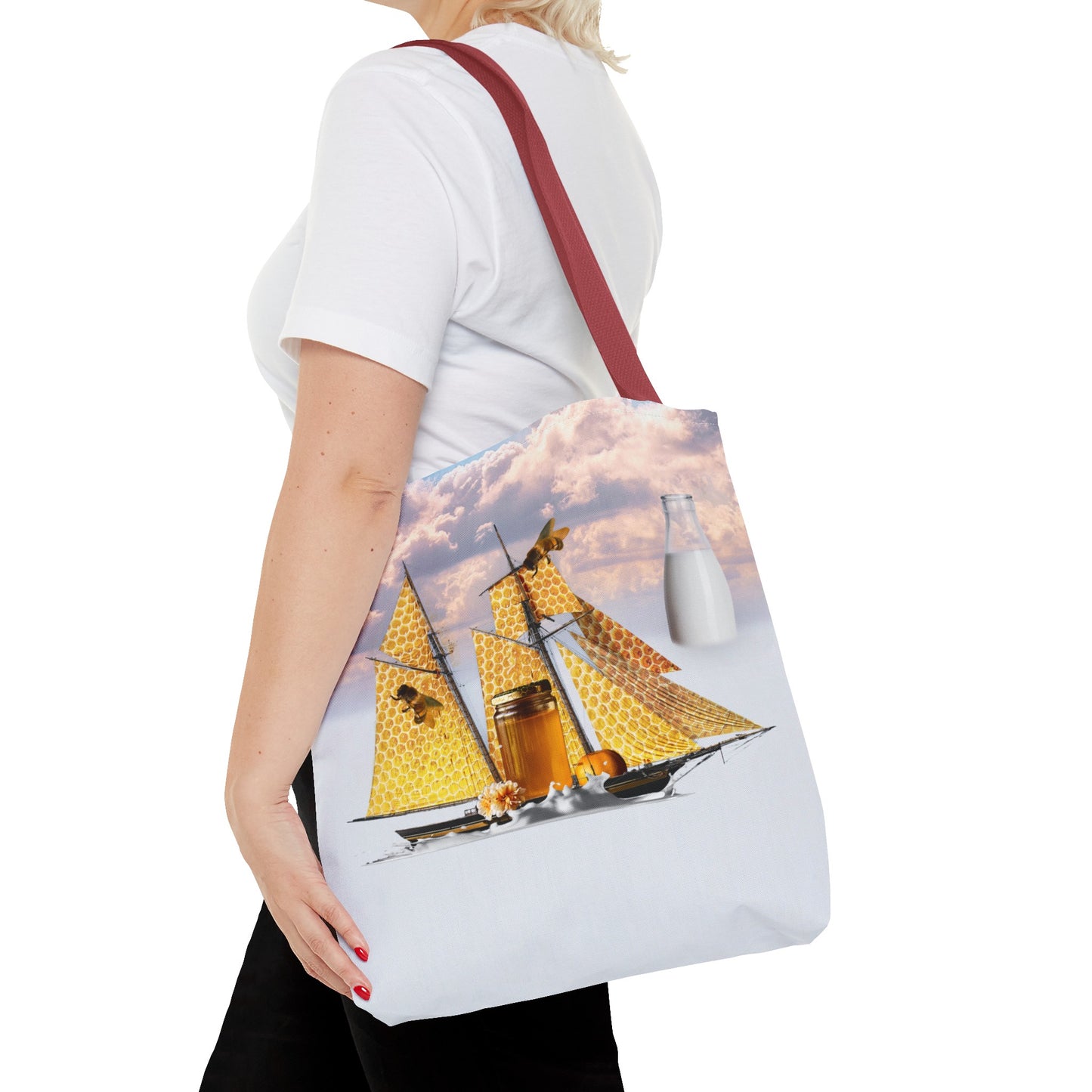 Tote Bag, Bees at Sea on Honeycomb Ship 'Milk & Honey' Surreal Whimsical Collage Art