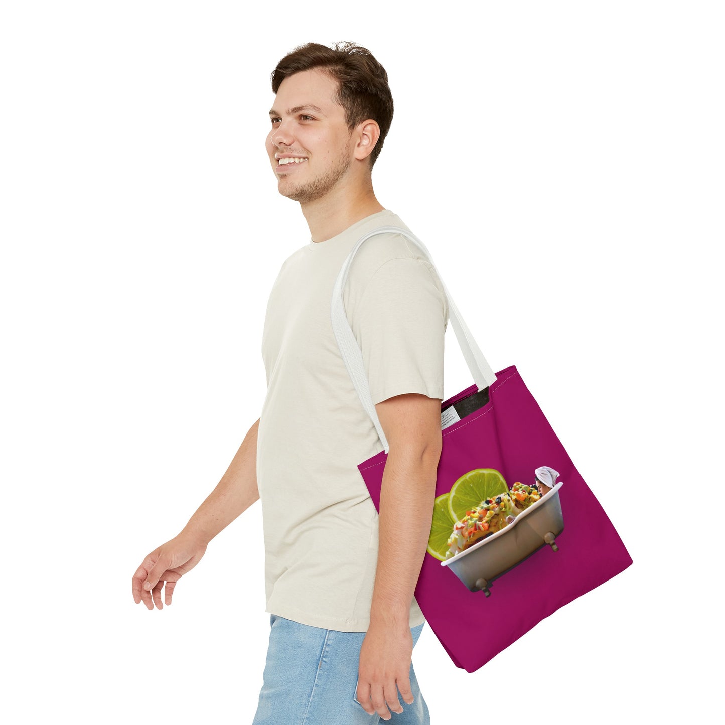 Food Lover's Delight: Woman Soaking in Bathtub with Burrito Tote Bag