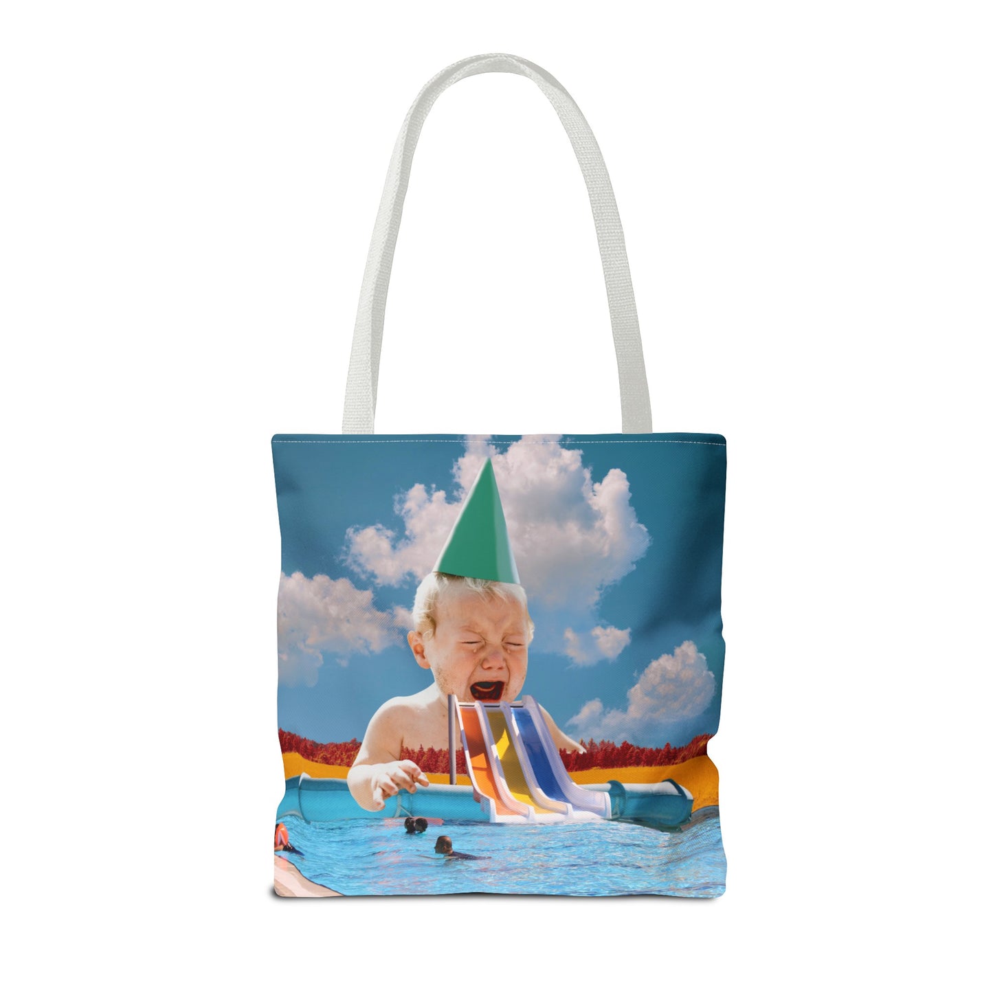 Vibrant Pool Party Beach Tote Bag - Surreal Art Print - Giant Baby and Colorful Pool Slide