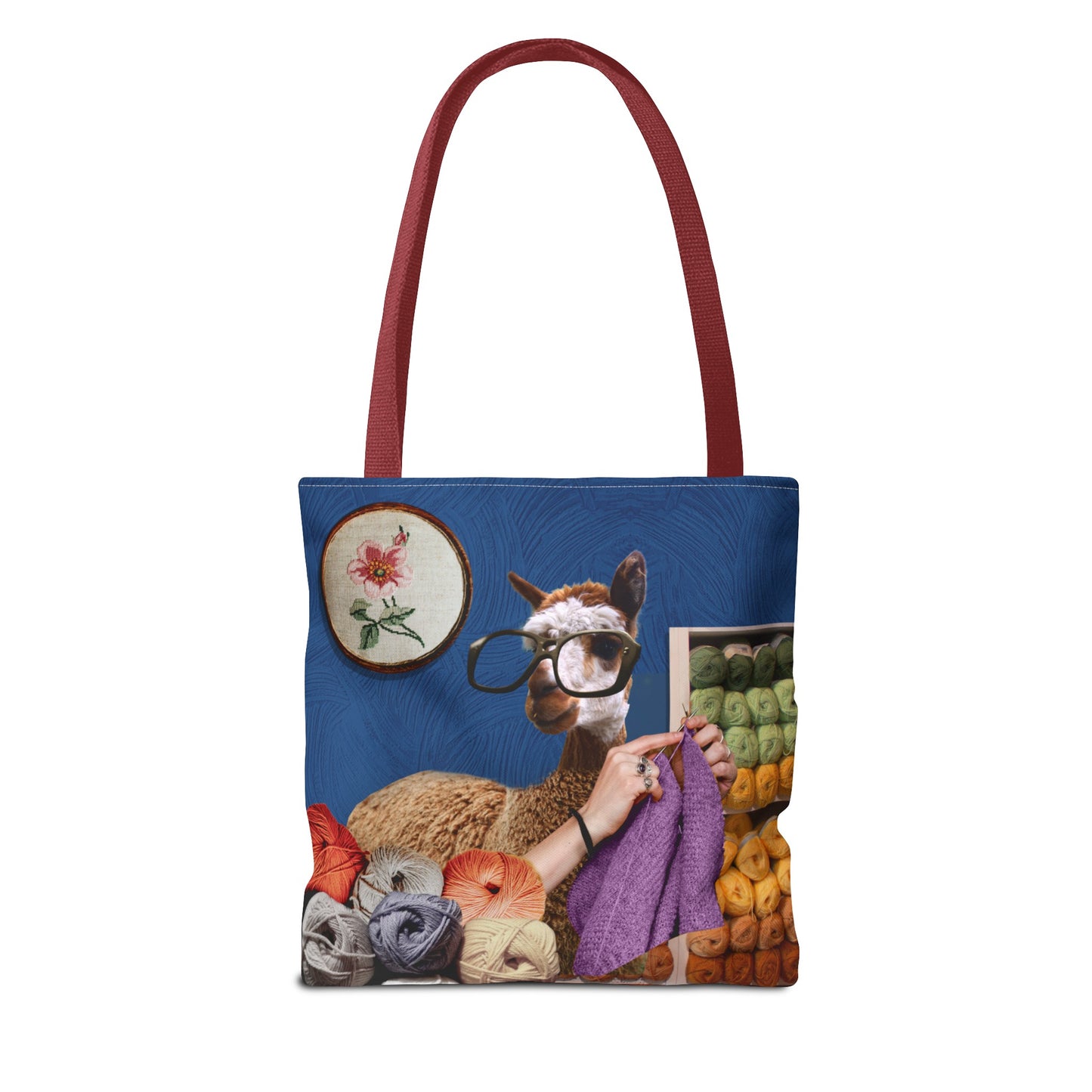 Whimsical Funky Llama Tote Bag: "Llama Tried" - Wearing Glasses and Knitting in Yarn Shop