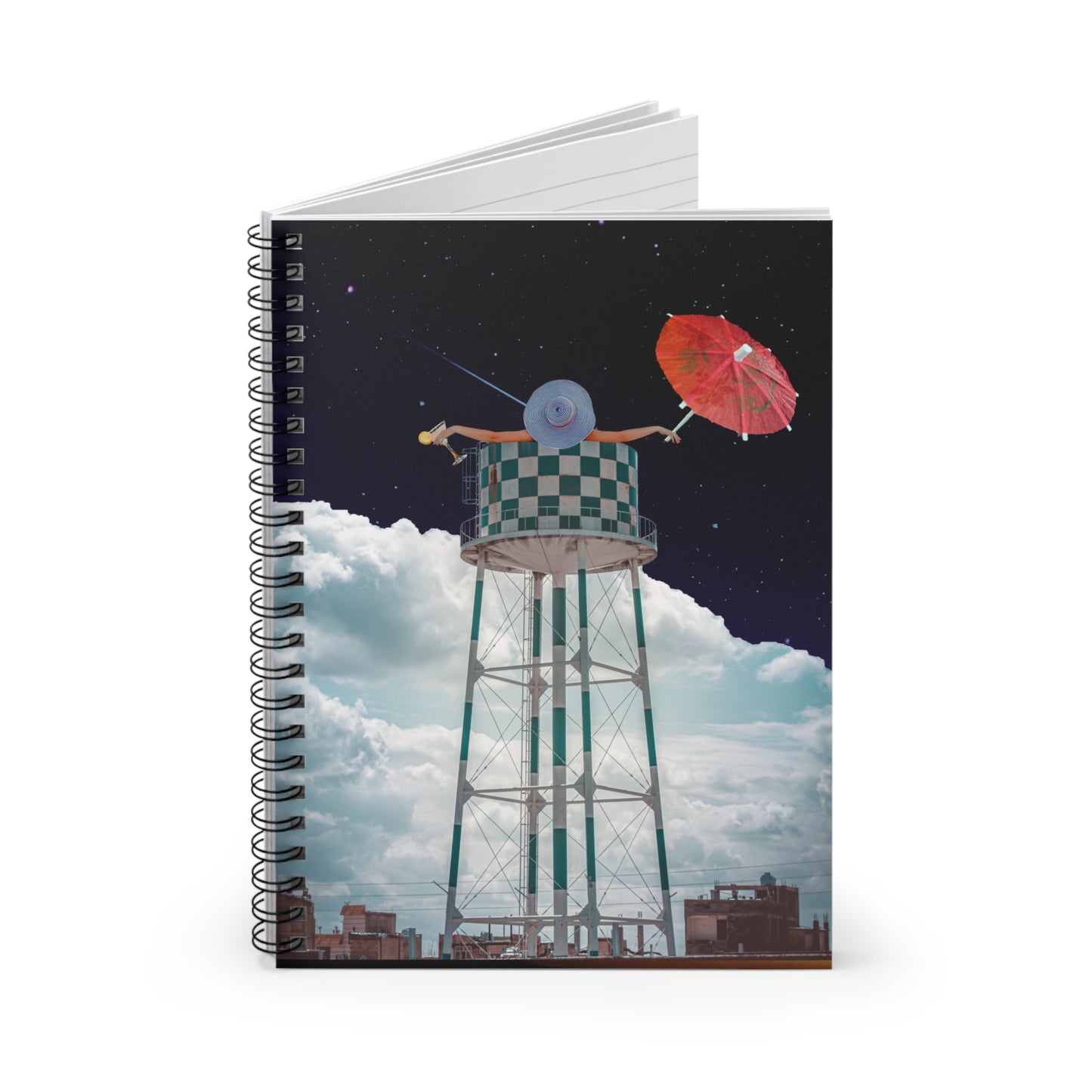 Spiral Notebook With Unique Collage Art Print: 'Soaked' - Martini, Umbrella, and Water Tower