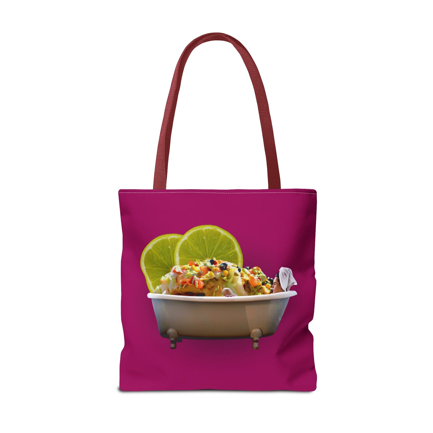 Food Lover's Delight: Woman Soaking in Bathtub with Burrito Tote Bag