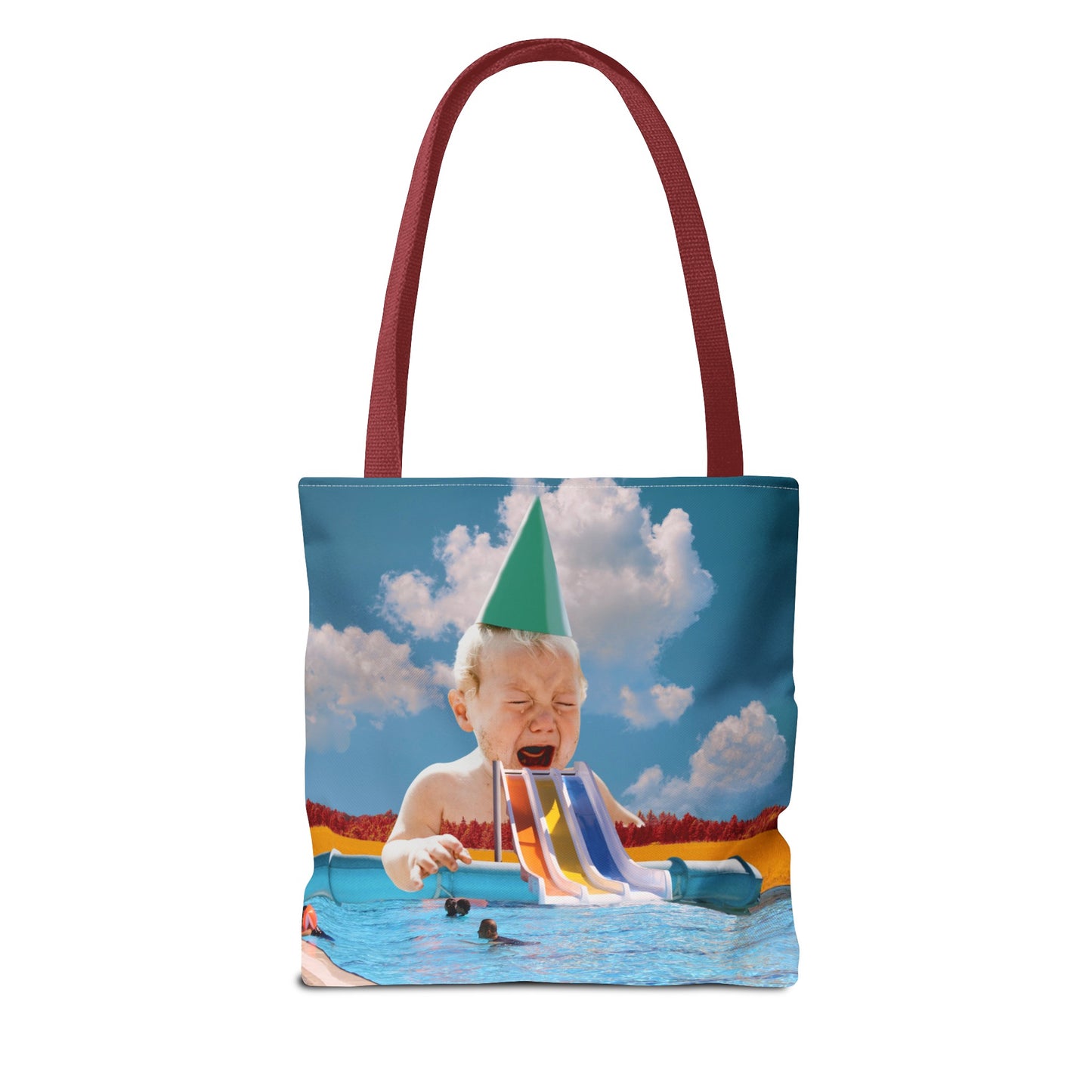 Vibrant Pool Party Beach Tote Bag - Surreal Art Print - Giant Baby and Colorful Pool Slide