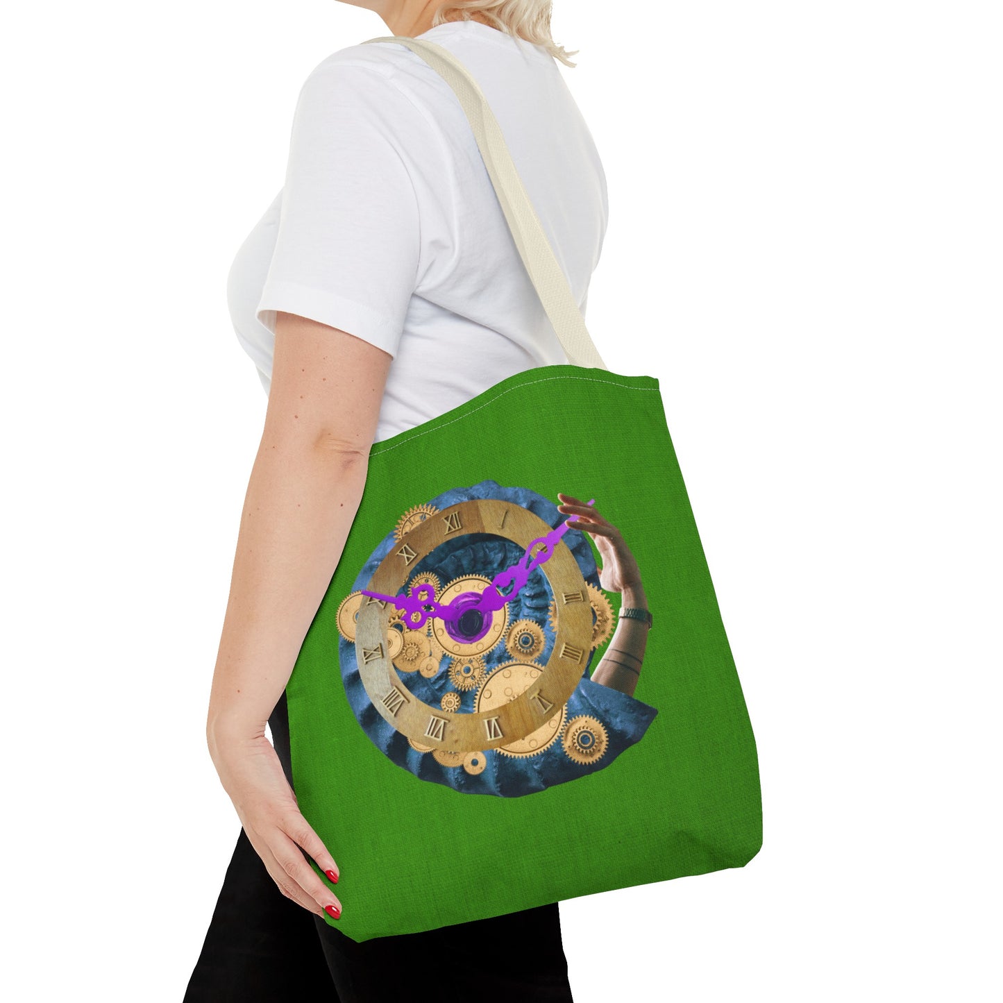 Steampunk Clock Tote Bag with Surreal Ammonite Art Print - Departure Time