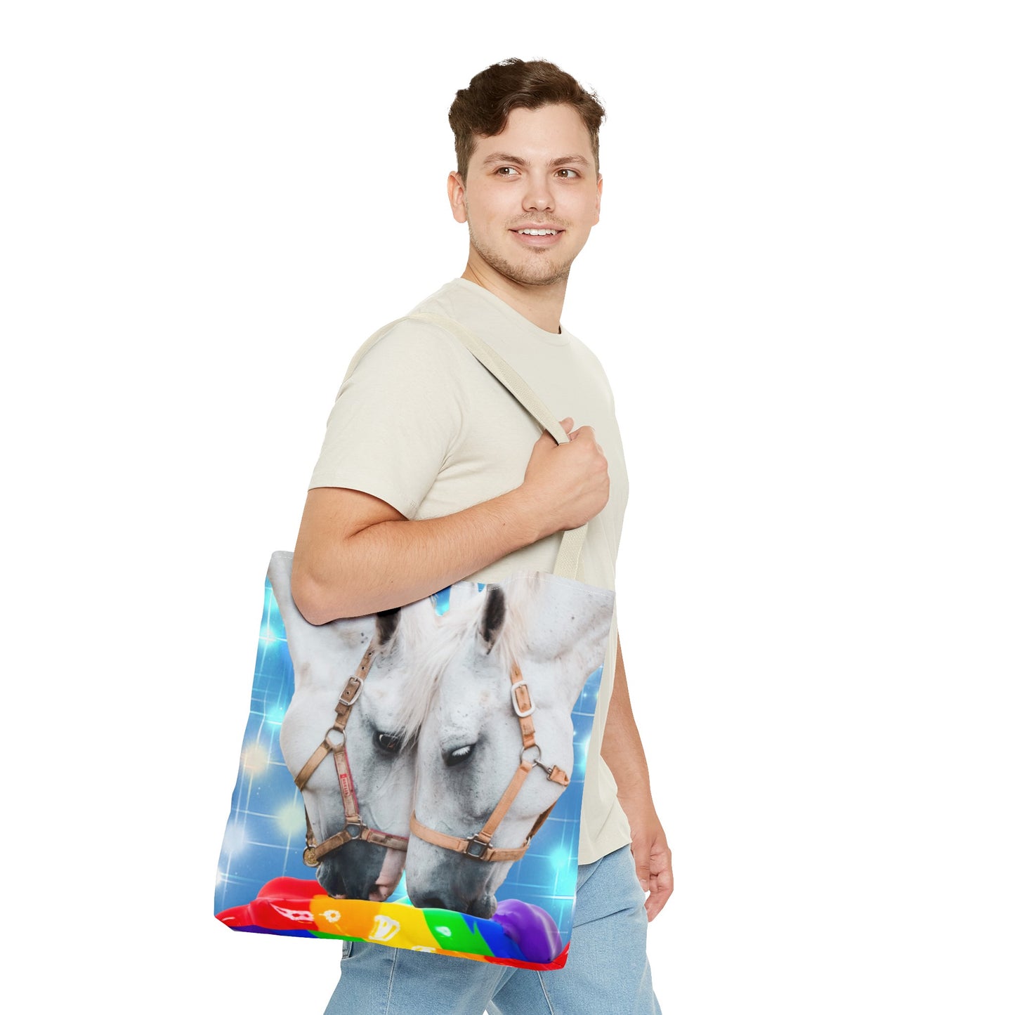 Unique Tote Bag "Pooping Rainbows" Art - White Horses Eating Rainbow Feed