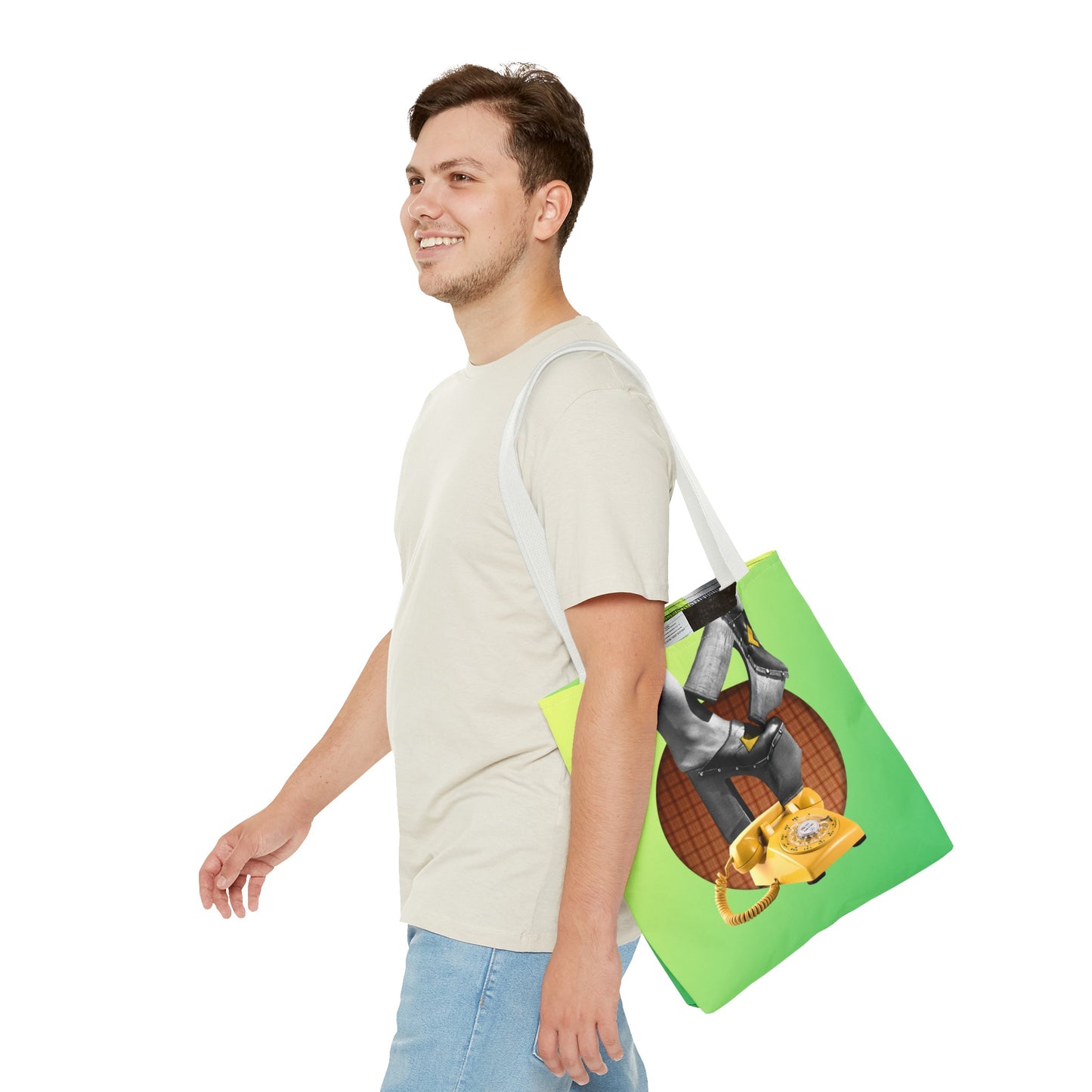 Playful Tote Bag with Collage Art "Hold My Calls" - 70's Platform Shoes and Yellow Rotary Phone