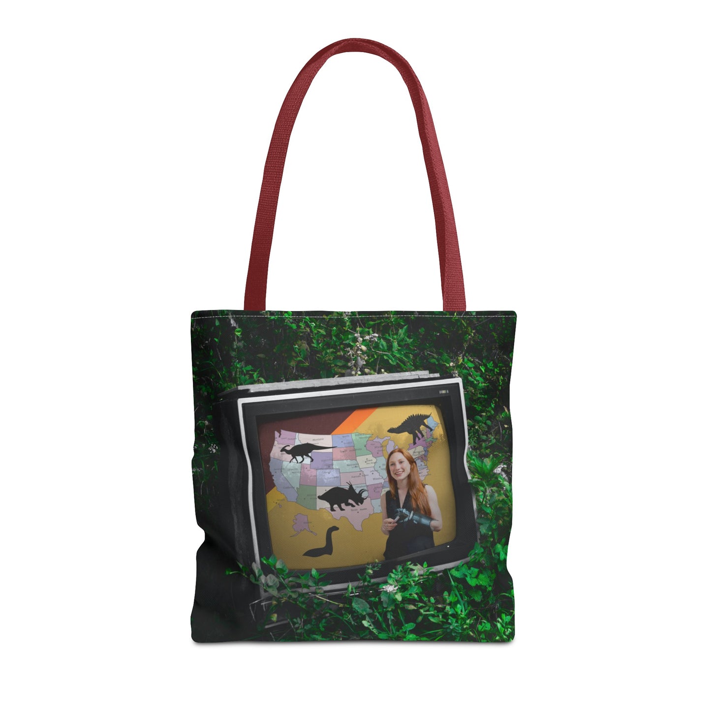 Unique Dystopian TV Scene Tote Bag with Weather Girl & Dinosaurs Map
