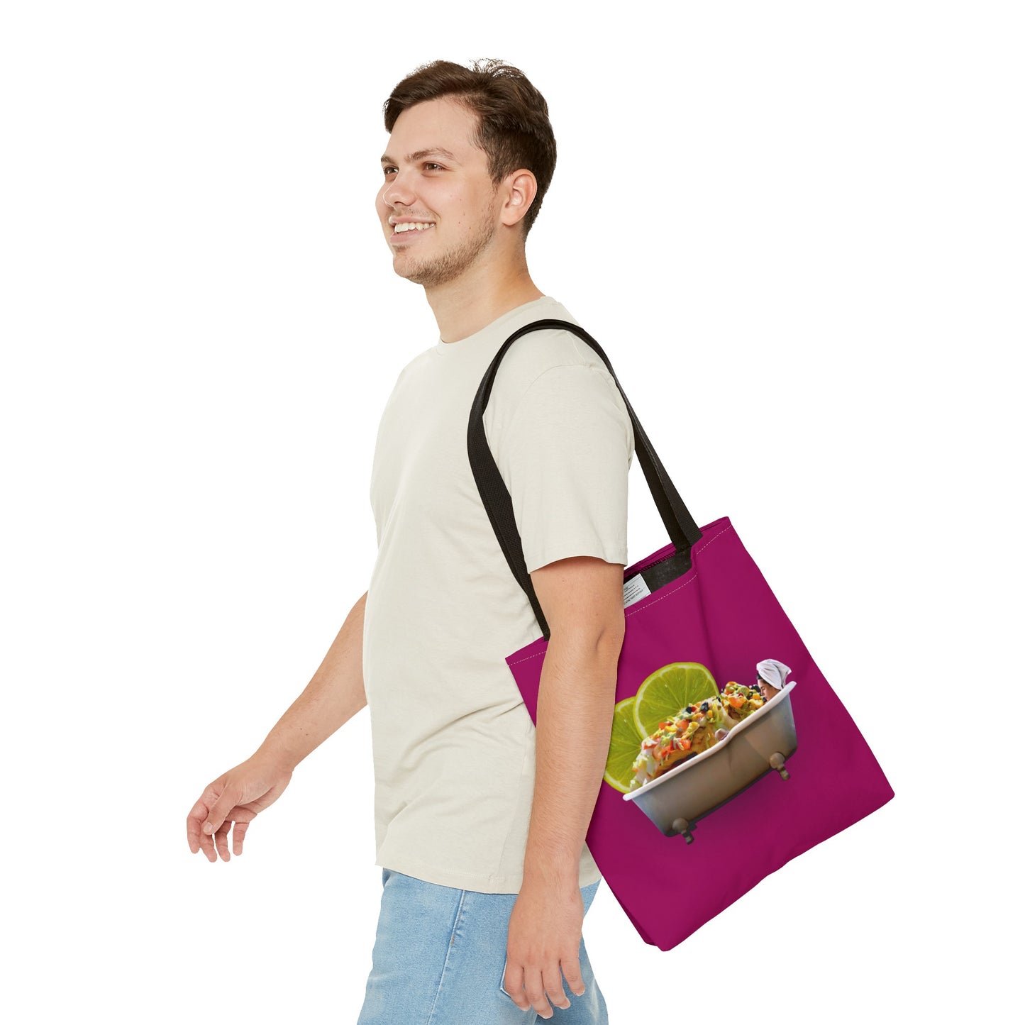 Food Lover's Delight: Woman Soaking in Bathtub with Burrito Tote Bag