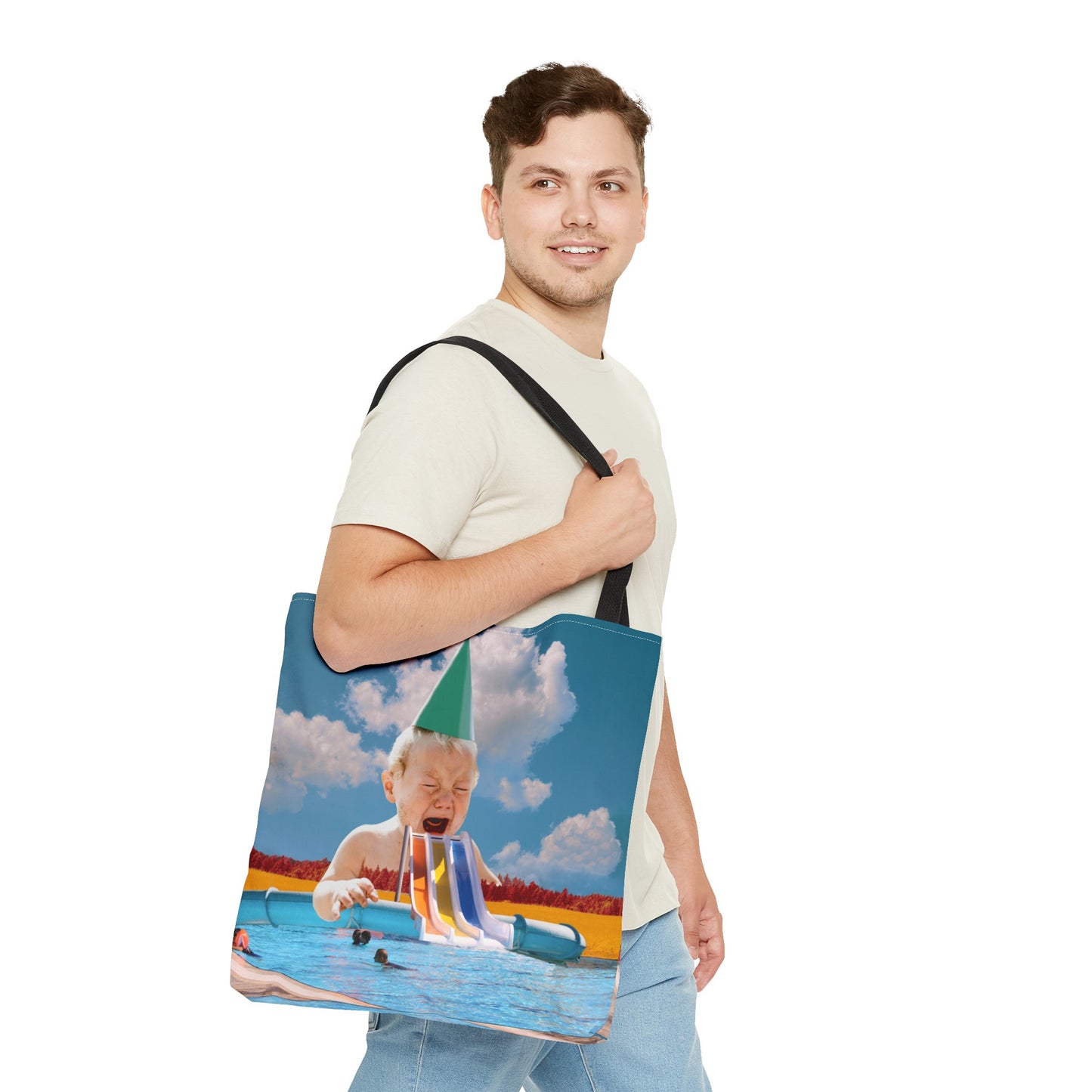 Vibrant Pool Party Beach Tote Bag - Surreal Art Print - Giant Baby and Colorful Pool Slide