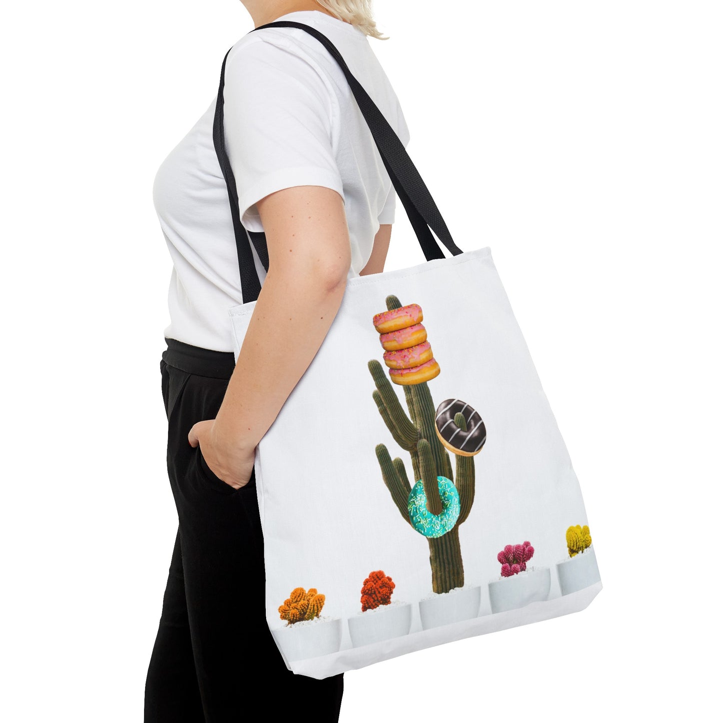 Collage Art Tote Bag featuring 'Giving Tree' & Colorful Donut Cactus Design