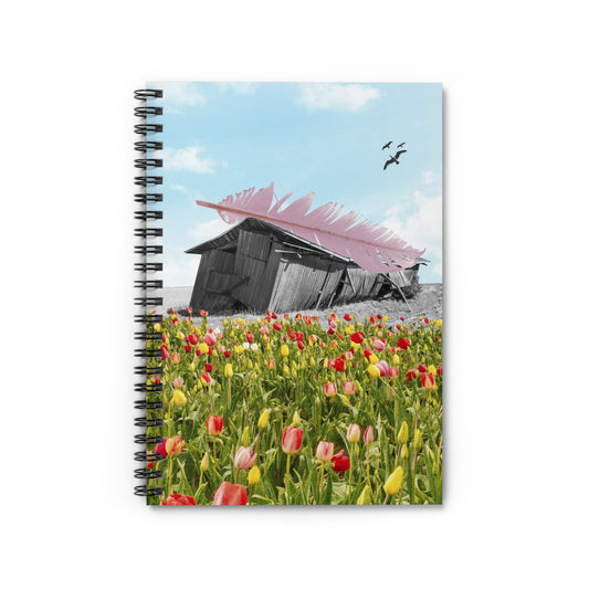 Surreal Collage Art Spiral Notebook: 'Strong As A Feather' Quaint Barn and Tulips