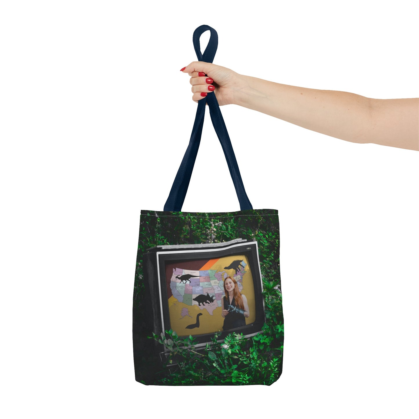 Unique Dystopian TV Scene Tote Bag with Weather Girl & Dinosaurs Map