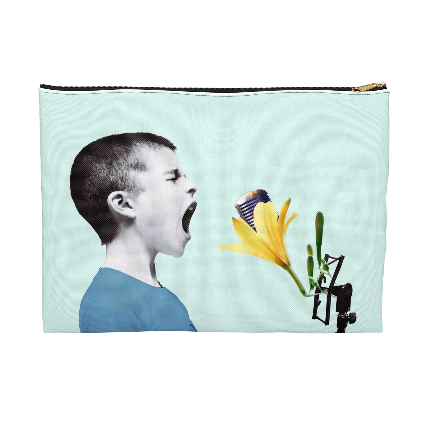 Nature Sounds Collage Art Accessory Pouch with Boy's Whimsical Floral Microphone Serenade