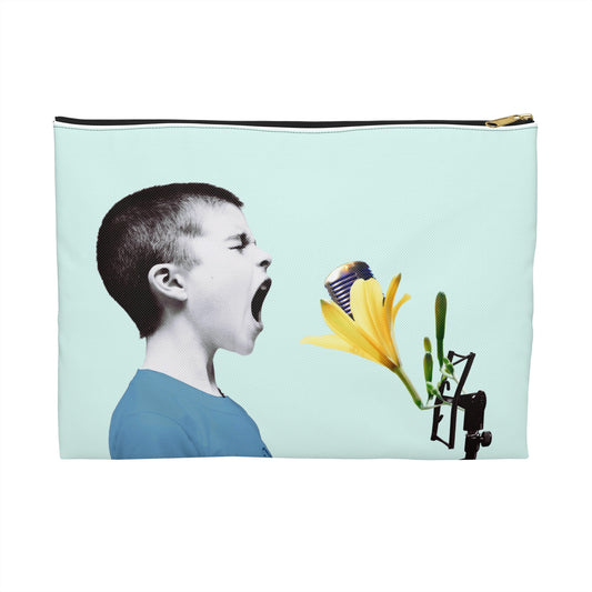 Nature Sounds Collage Art Accessory Pouch with Boy's Whimsical Floral Microphone Serenade