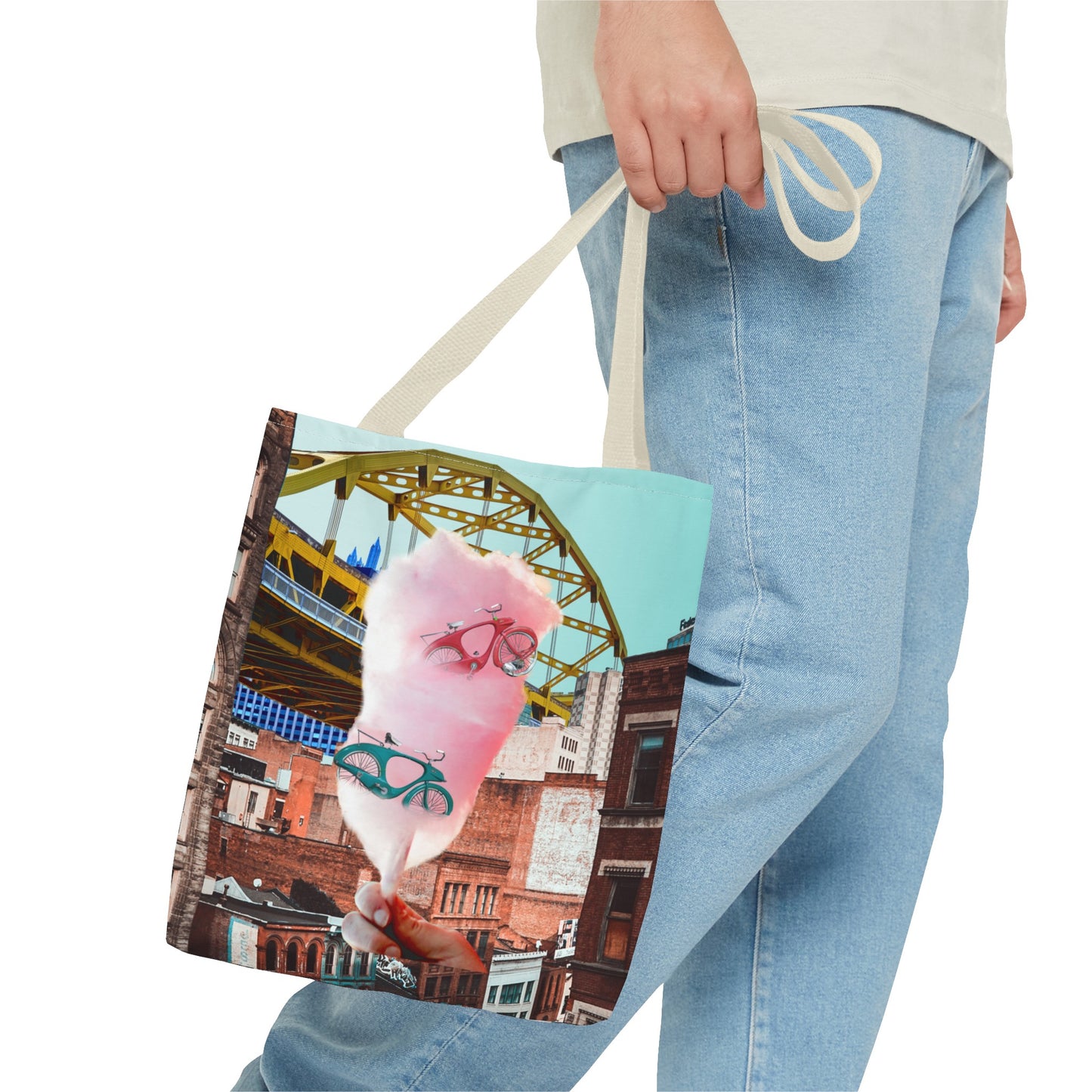 Sweet Ride Pittsburgh Landscape Tote Bag with Cotton Candy and Vintage Bicycles