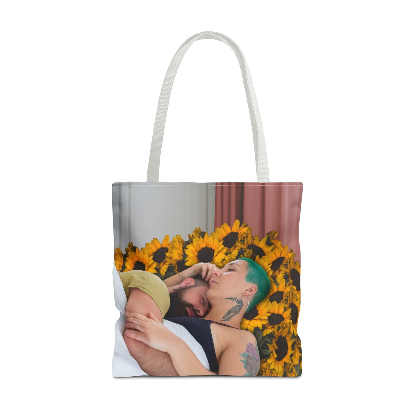 Tranquil Sunflowers Around Cuddling Couple Tote Bag Surreal Art - Loving Design "Sunflowers In Your Room"
