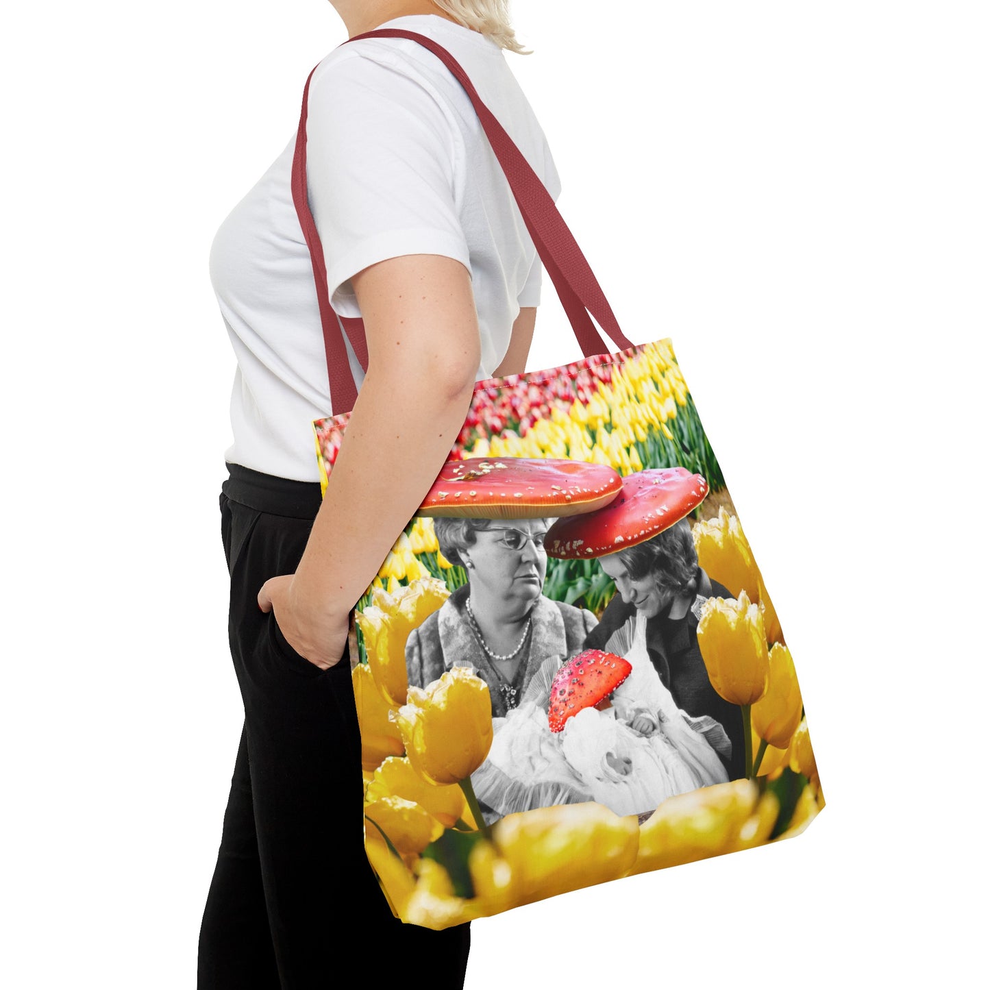 Happy Mushroom Family All Over Print Tote Bag - Surreal Collage Art "Nana's Little Mushroom" in a Field of Tulips