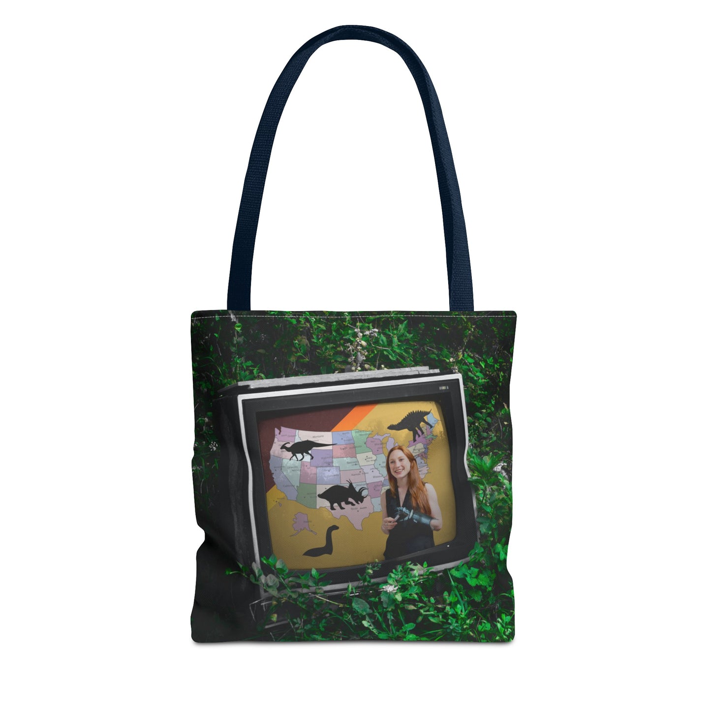 Unique Dystopian TV Scene Tote Bag with Weather Girl & Dinosaurs Map