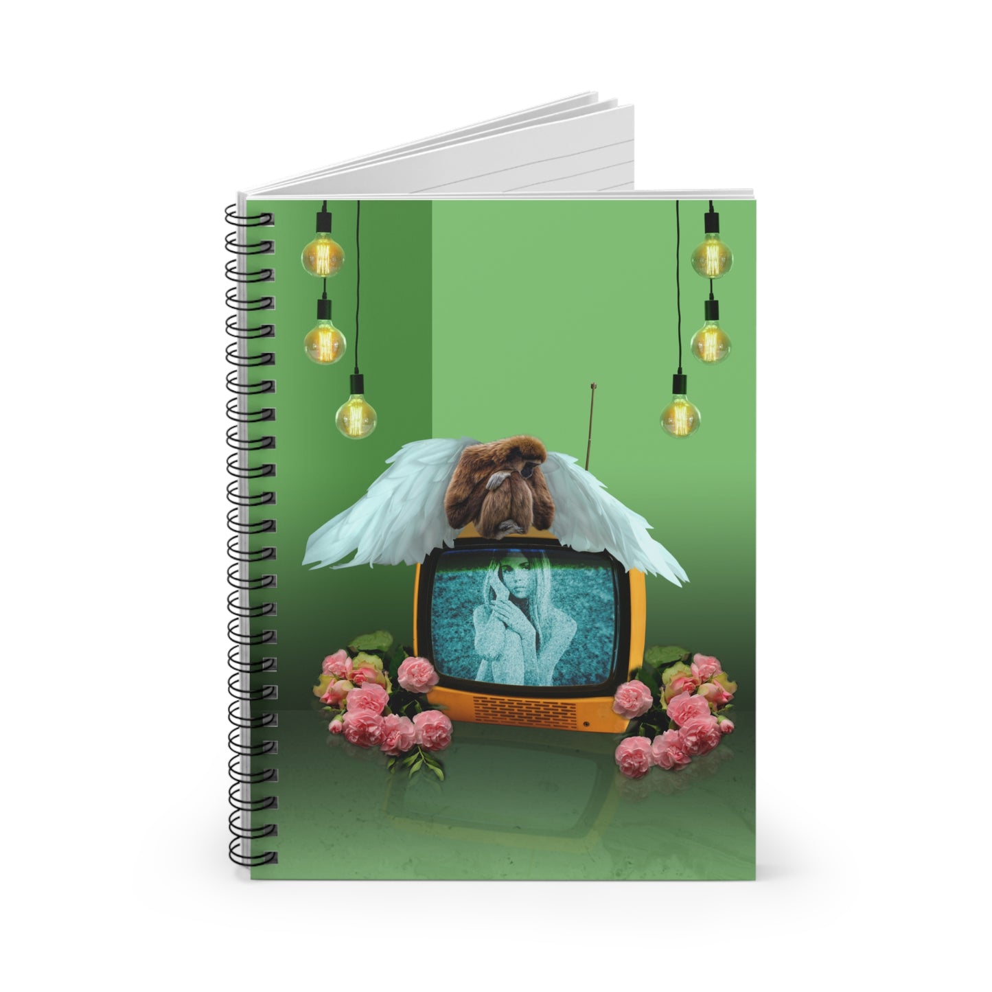 Whimsical Spiral Notebook with Angel Monkey and Vintage TV Surreal Art
