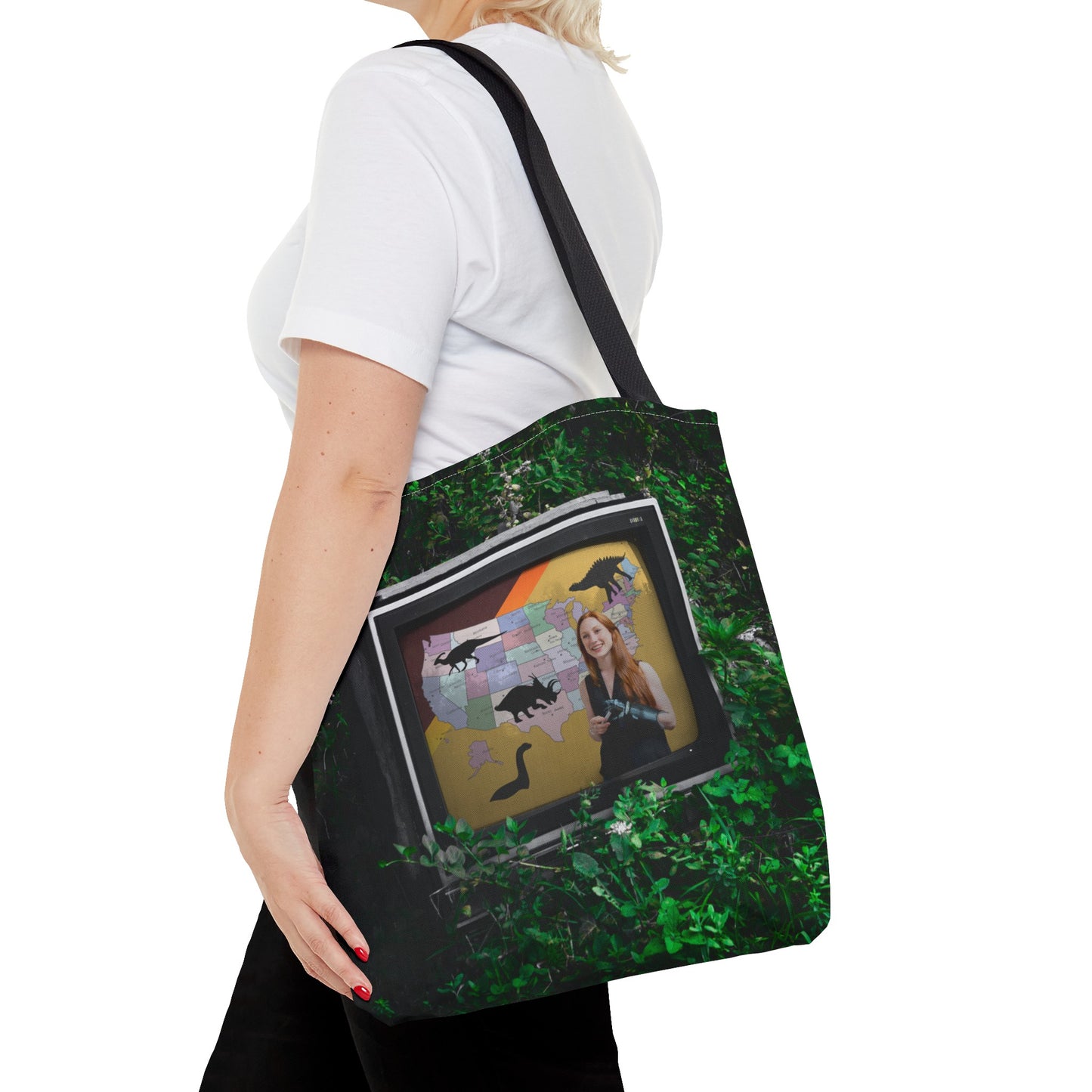 Unique Dystopian TV Scene Tote Bag with Weather Girl & Dinosaurs Map