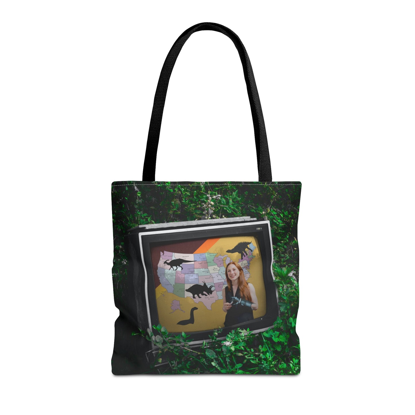 Unique Dystopian TV Scene Tote Bag with Weather Girl & Dinosaurs Map