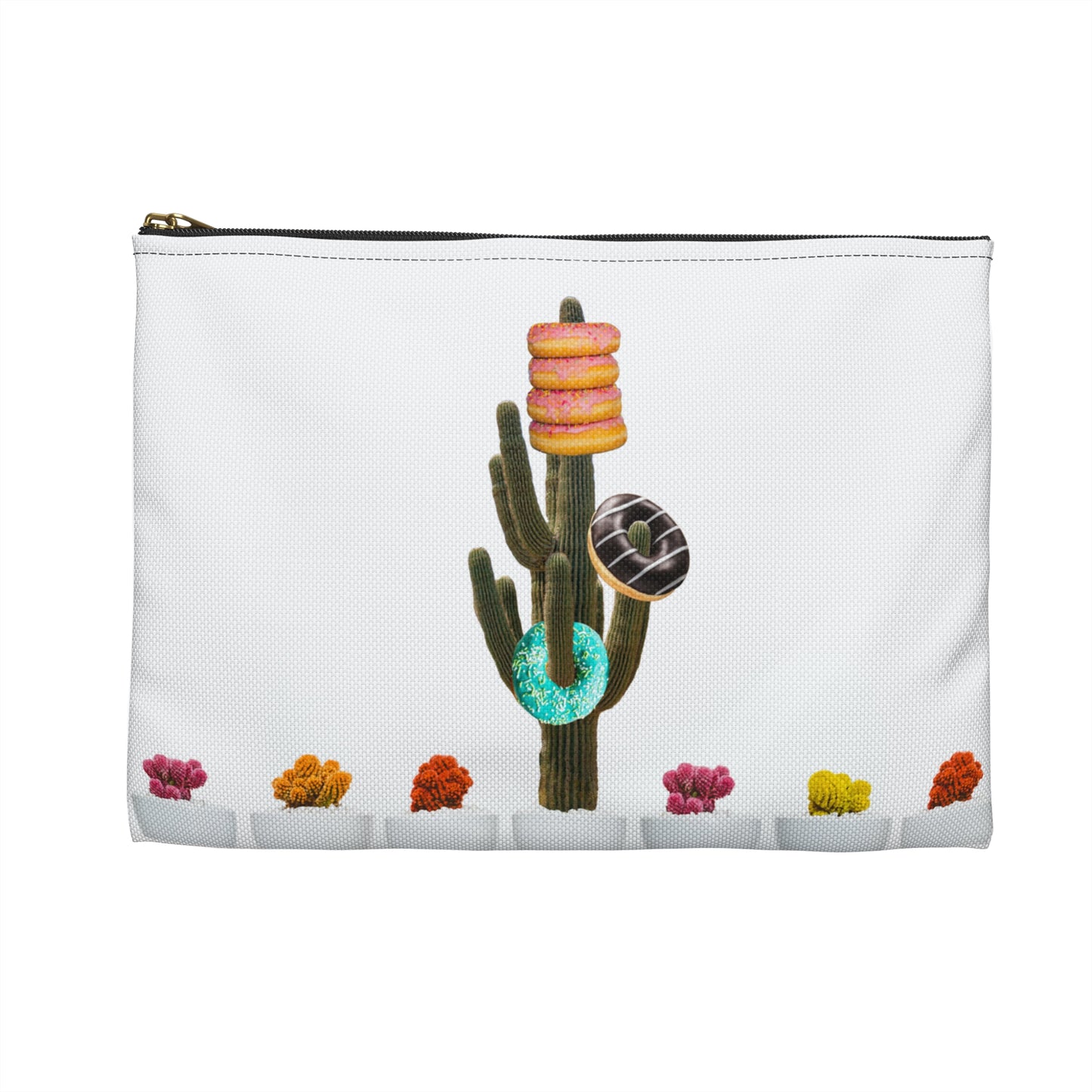 Unique Accessory Pouch Featuring 'Giving Tree' Collage Art with Colorful Donut Cactus Design