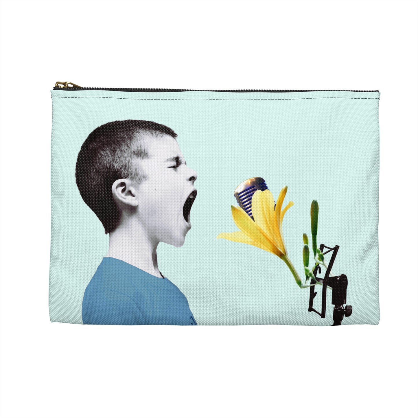 Nature Sounds Collage Art Accessory Pouch with Boy's Whimsical Floral Microphone Serenade