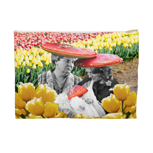 Happy Mushroom Family Accessory Pouch - Surreal Collage Art "Nana's Little Mushroom" in a Field of Tulips