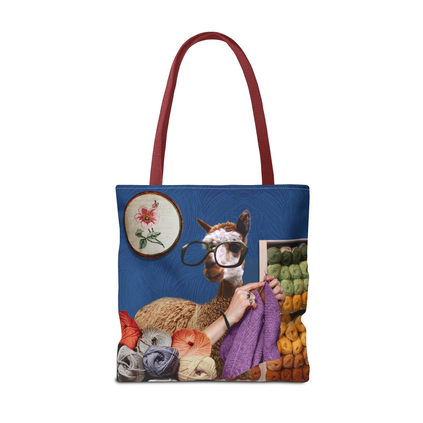 Whimsical Funky Llama Tote Bag: "Llama Tried" - Wearing Glasses and Knitting in Yarn Shop