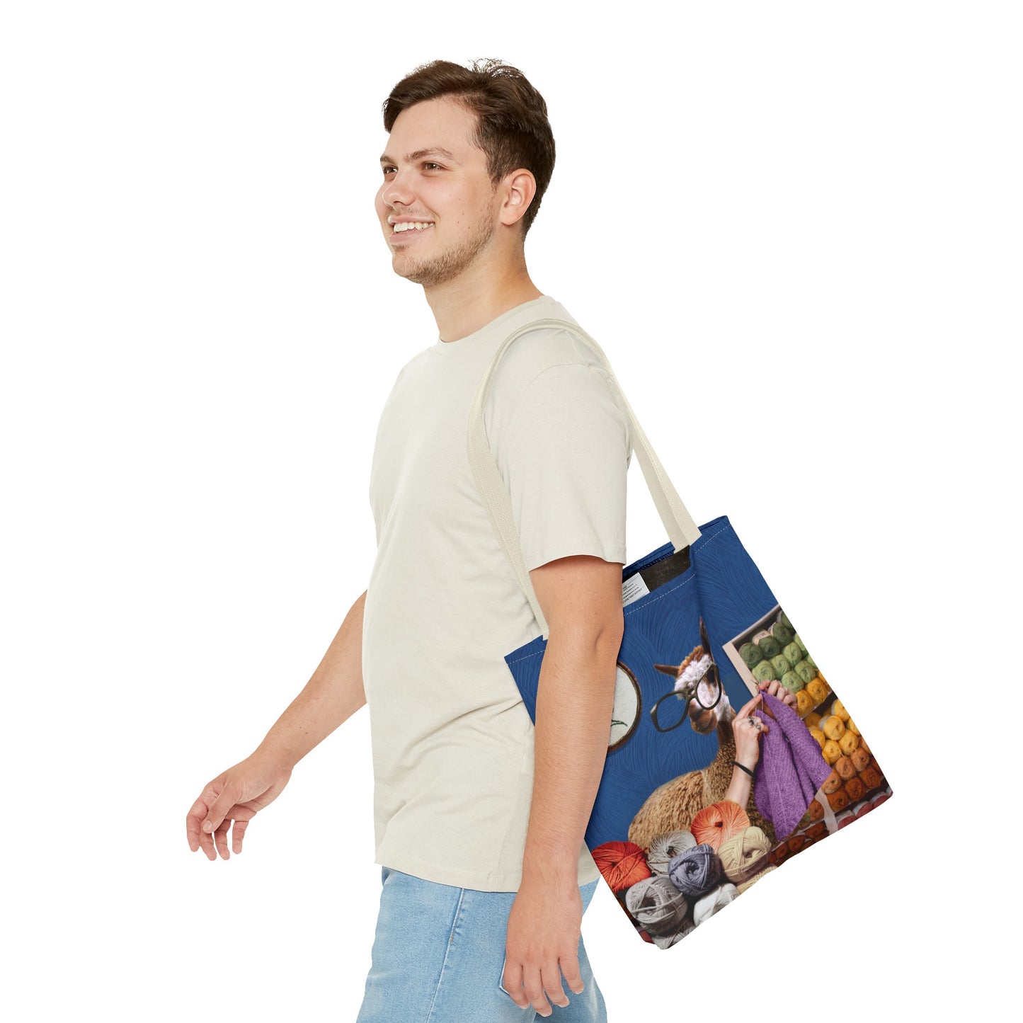 Whimsical Funky Llama Tote Bag: "Llama Tried" - Wearing Glasses and Knitting in Yarn Shop