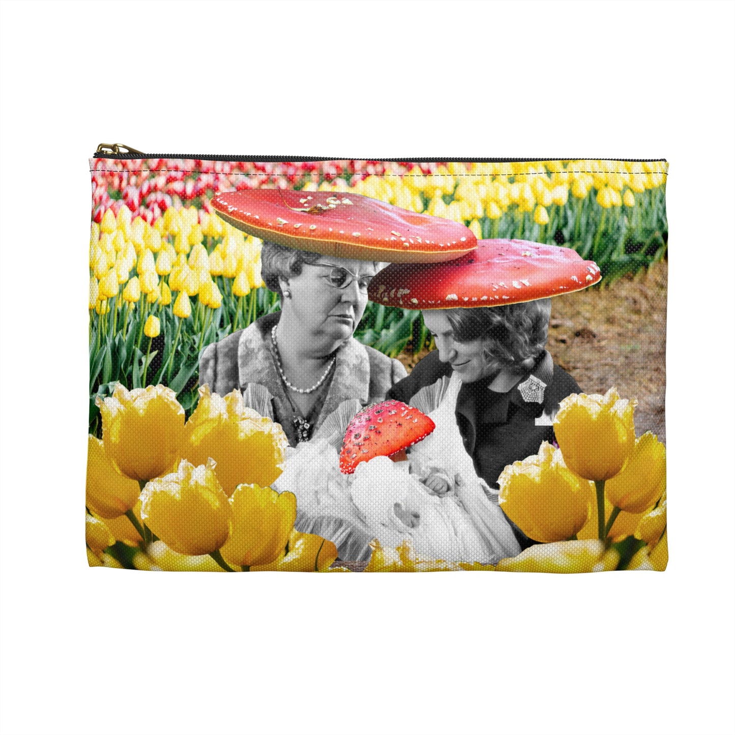 Happy Mushroom Family Accessory Pouch - Surreal Collage Art "Nana's Little Mushroom" in a Field of Tulips