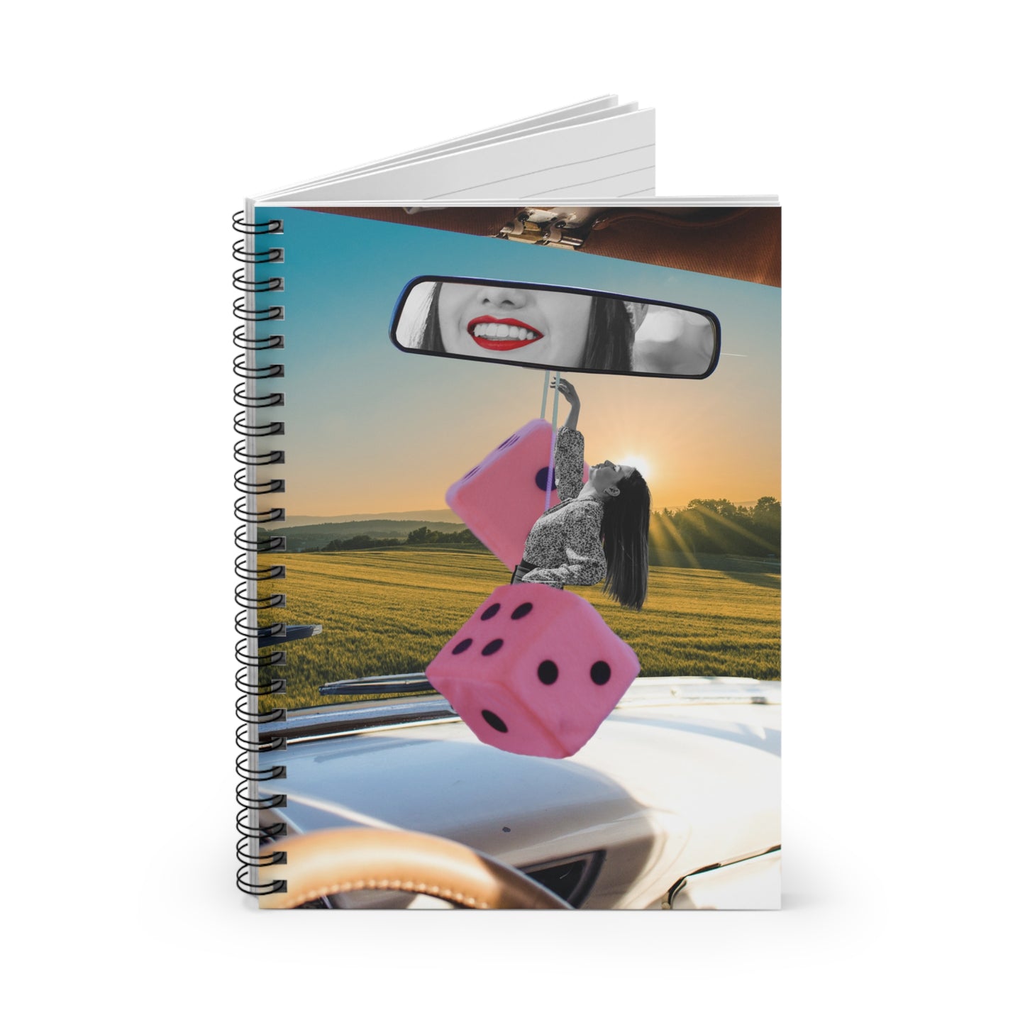 Surreal Art Notebook: 'Fast Car' Collage with Pink Fuzzy Dice and Reflection of Joy