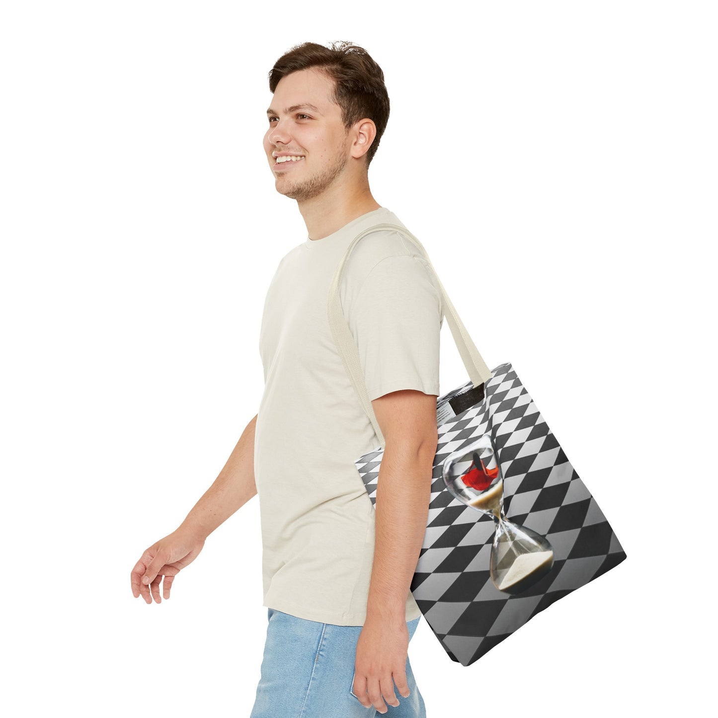 Red Dress Dancer Tote Bag - Surreal Art Checkerboard Design - Dance Through Life