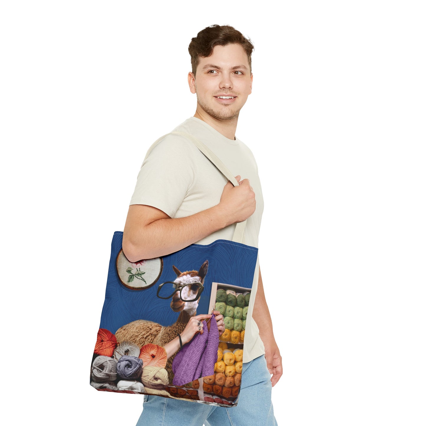 Whimsical Funky Llama Tote Bag: "Llama Tried" - Wearing Glasses and Knitting in Yarn Shop