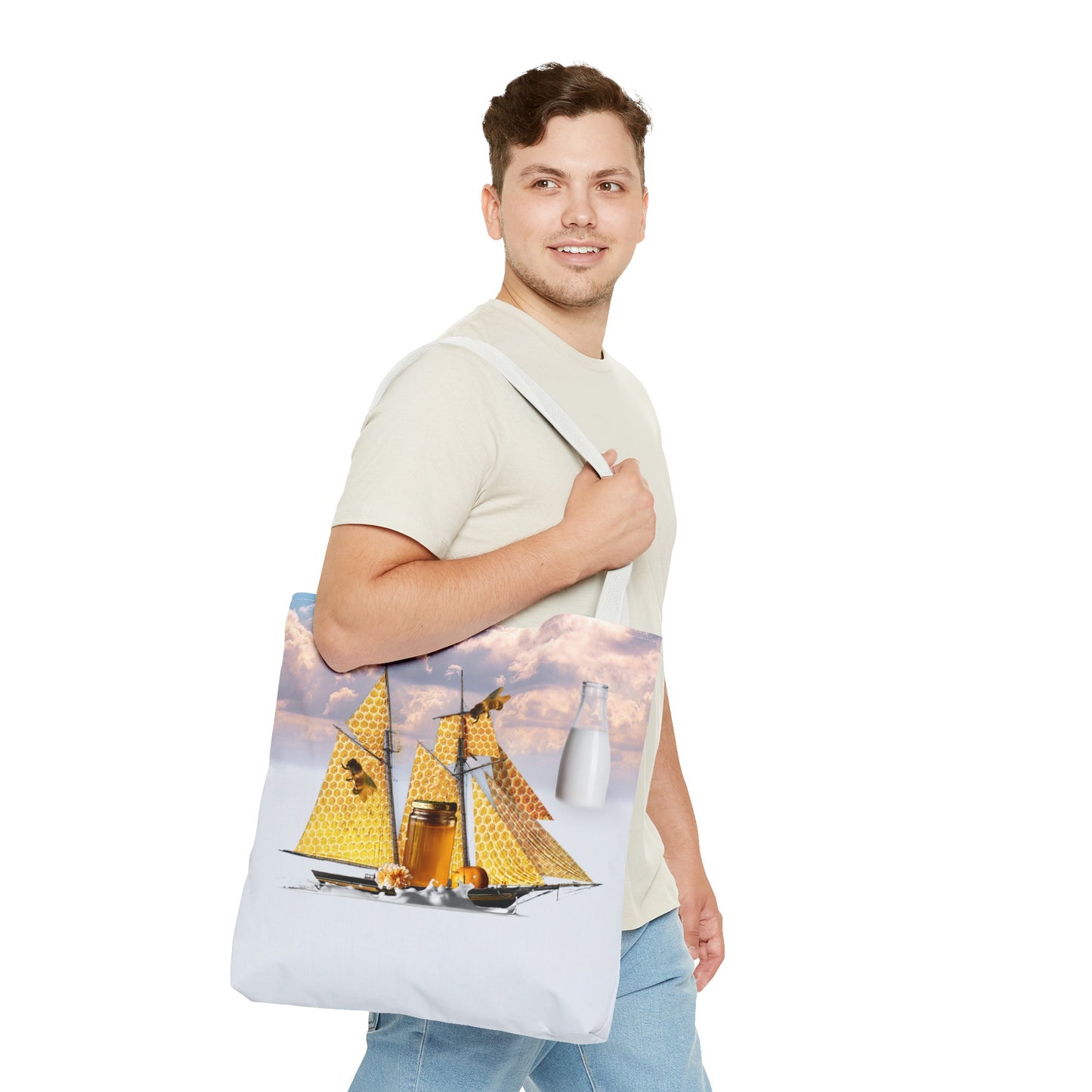 Tote Bag, Bees at Sea on Honeycomb Ship 'Milk & Honey' Surreal Whimsical Collage Art
