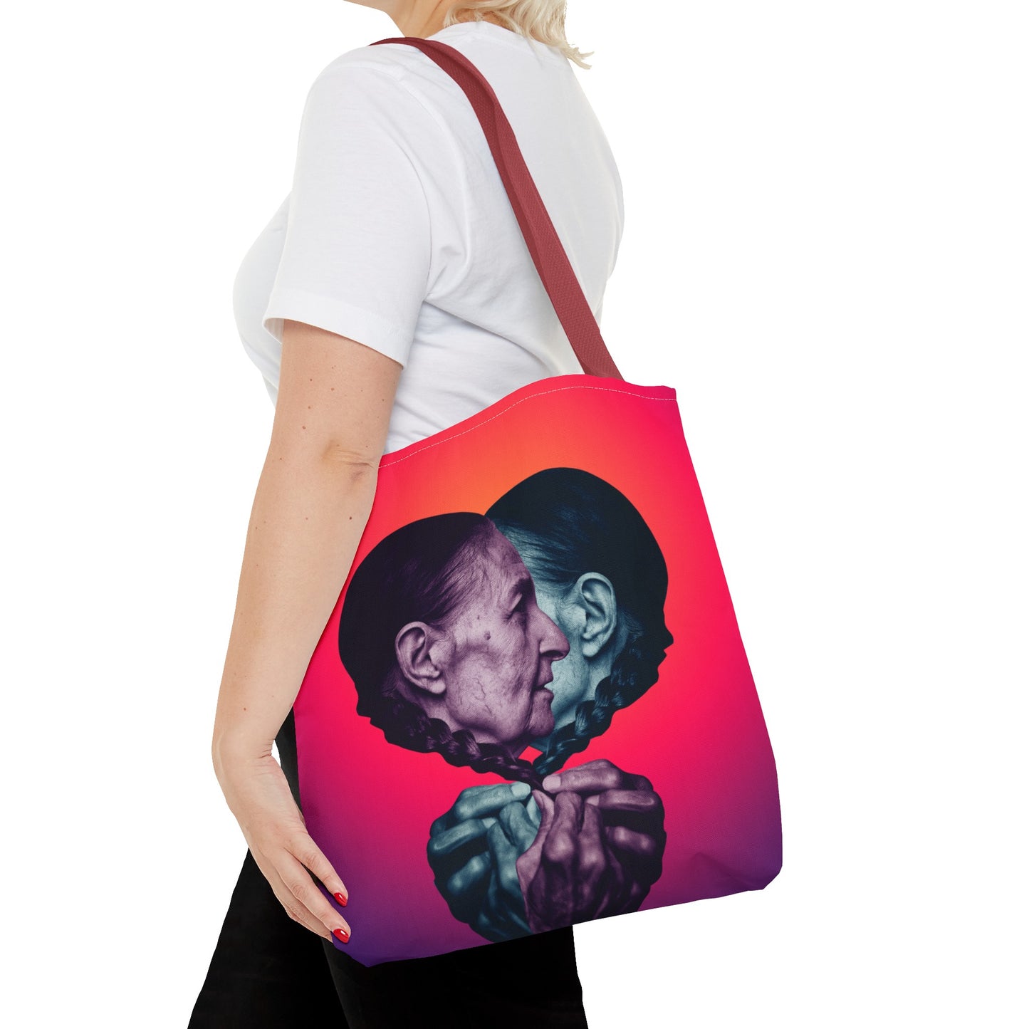 Mesmerizing Collage Art Tote Bag "Keeping Secrets" - Woman Whispering Secret into Her Own Ear