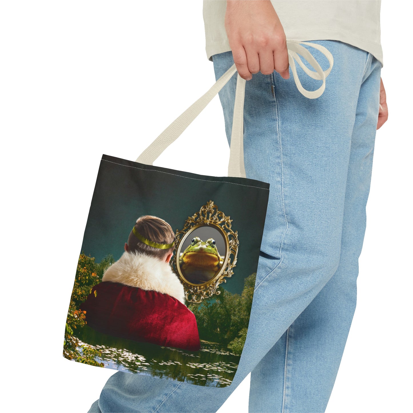 Frog Prince Reflection Tote Bag - Mystic Wetlands Collage Art Print