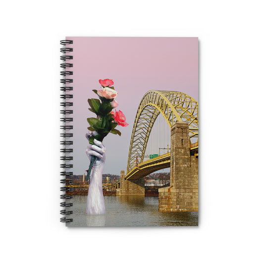 Yellow Bridge Journal with Pink Sky, Perfect Valentine's Day Gift, Spiral Notebook for Romantic Souls and Long Distance Lovers