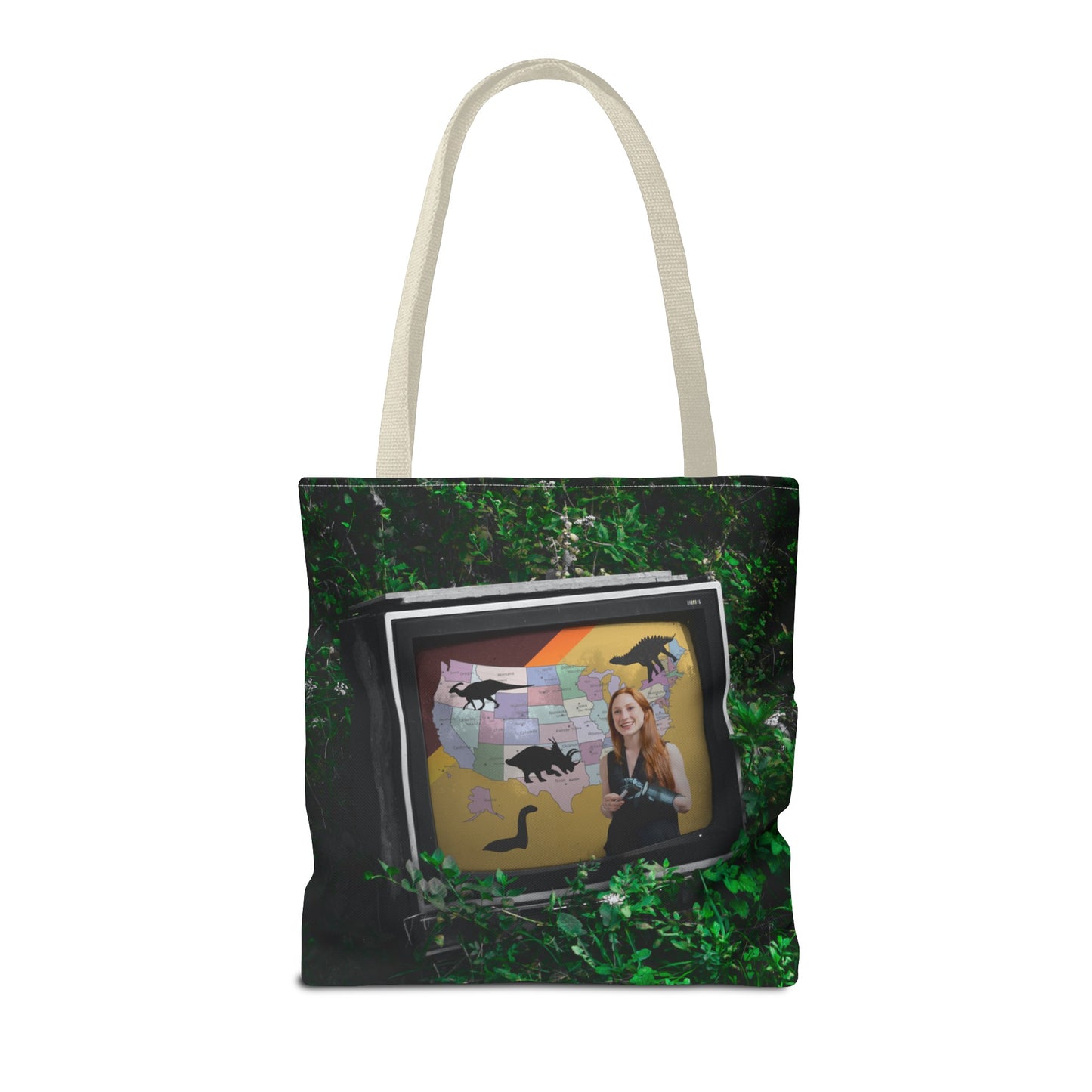 Unique Dystopian TV Scene Tote Bag with Weather Girl & Dinosaurs Map