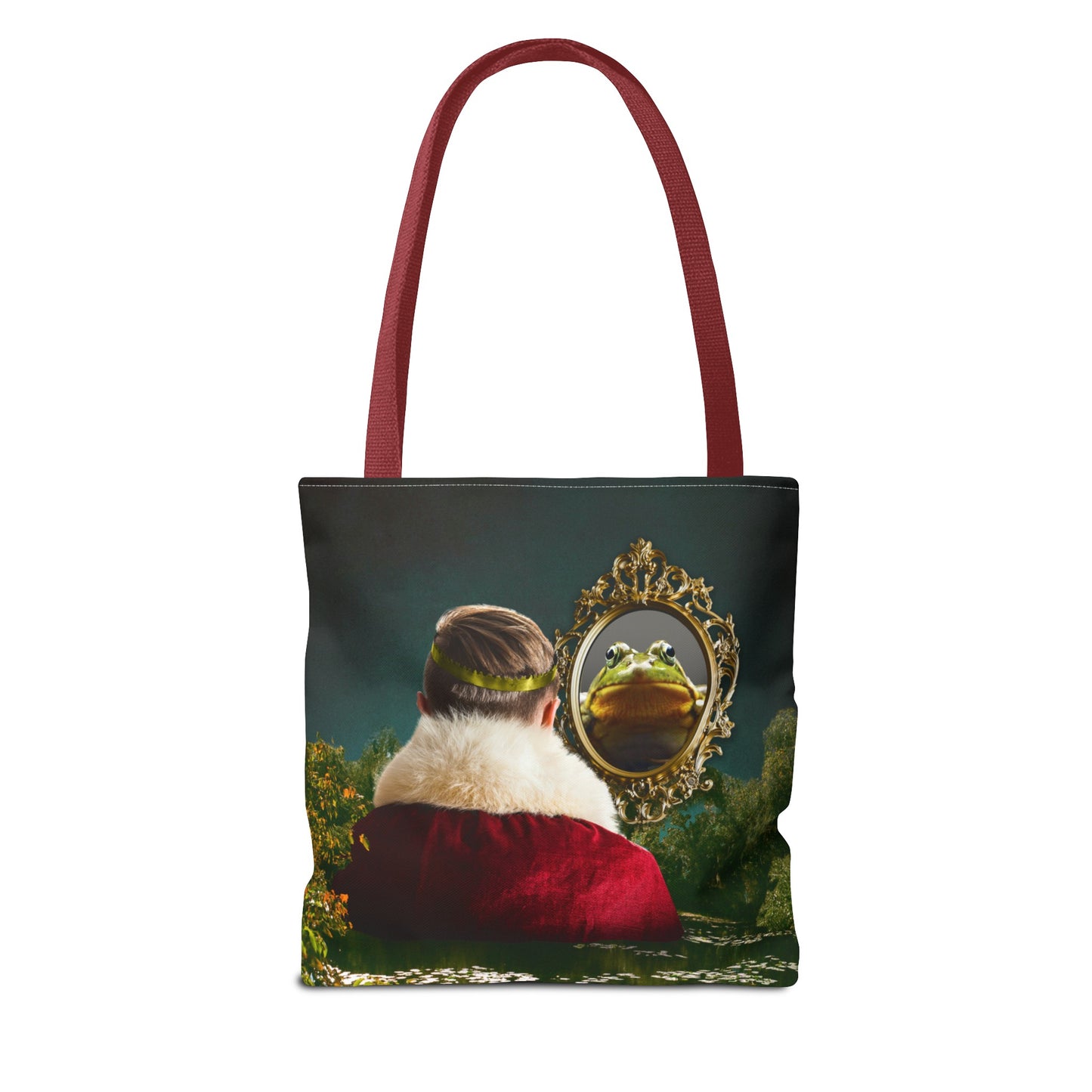 Frog Prince Reflection Tote Bag - Mystic Wetlands Collage Art Print