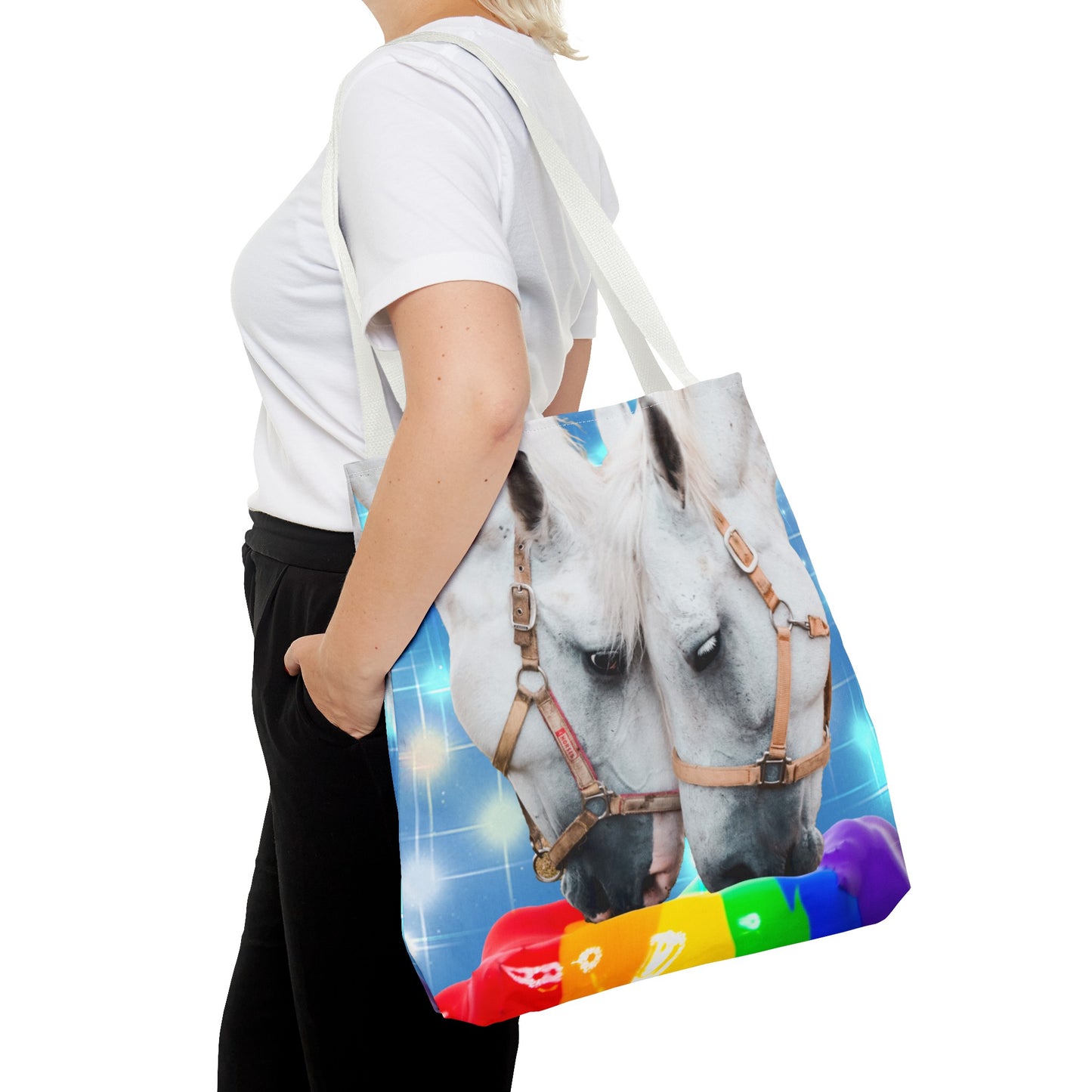 Unique Tote Bag "Pooping Rainbows" Art - White Horses Eating Rainbow Feed