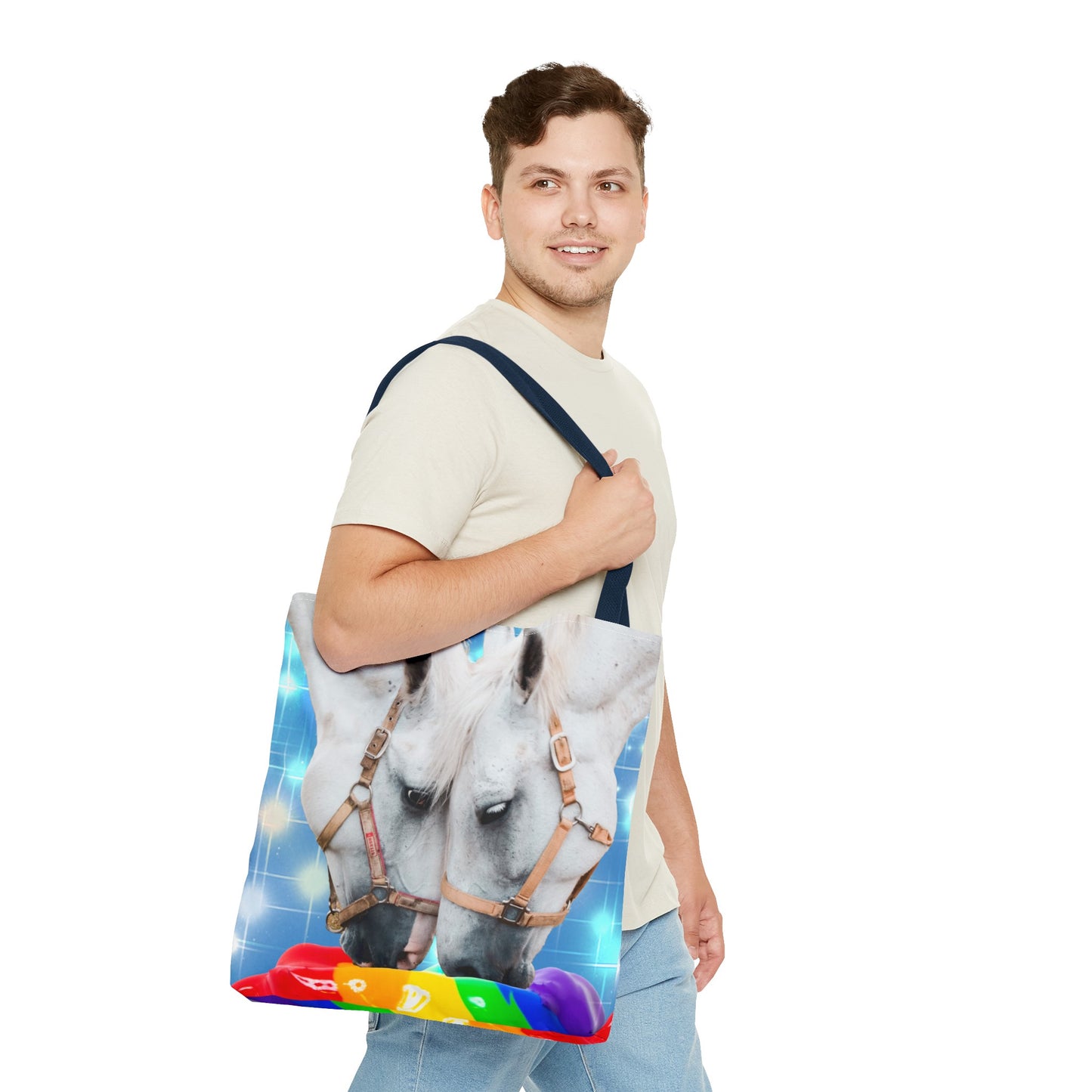 Unique Tote Bag "Pooping Rainbows" Art - White Horses Eating Rainbow Feed