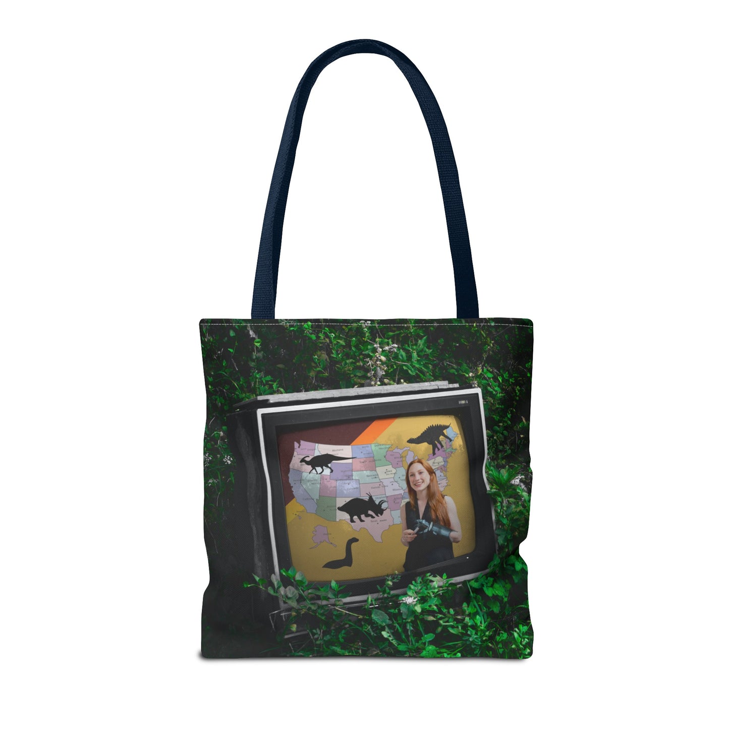 Unique Dystopian TV Scene Tote Bag with Weather Girl & Dinosaurs Map