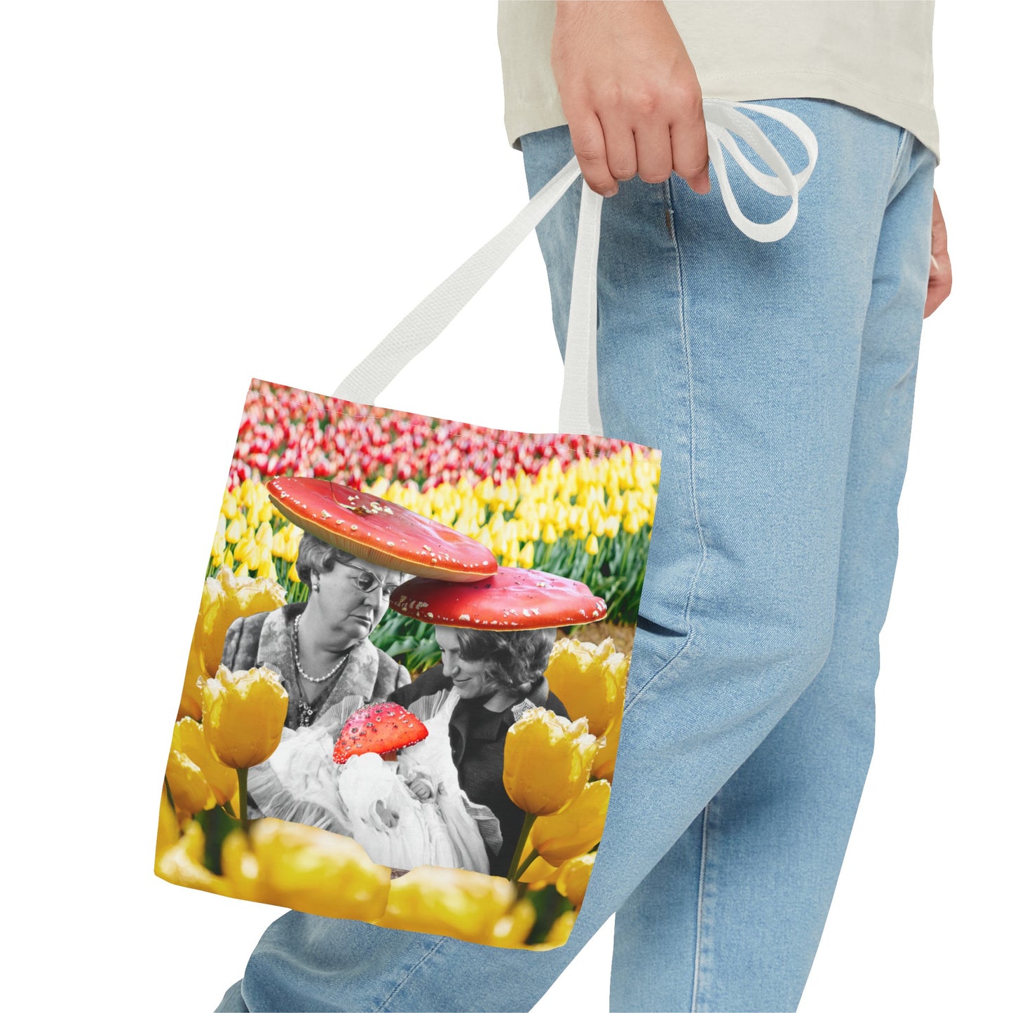 Happy Mushroom Family All Over Print Tote Bag - Surreal Collage Art "Nana's Little Mushroom" in a Field of Tulips